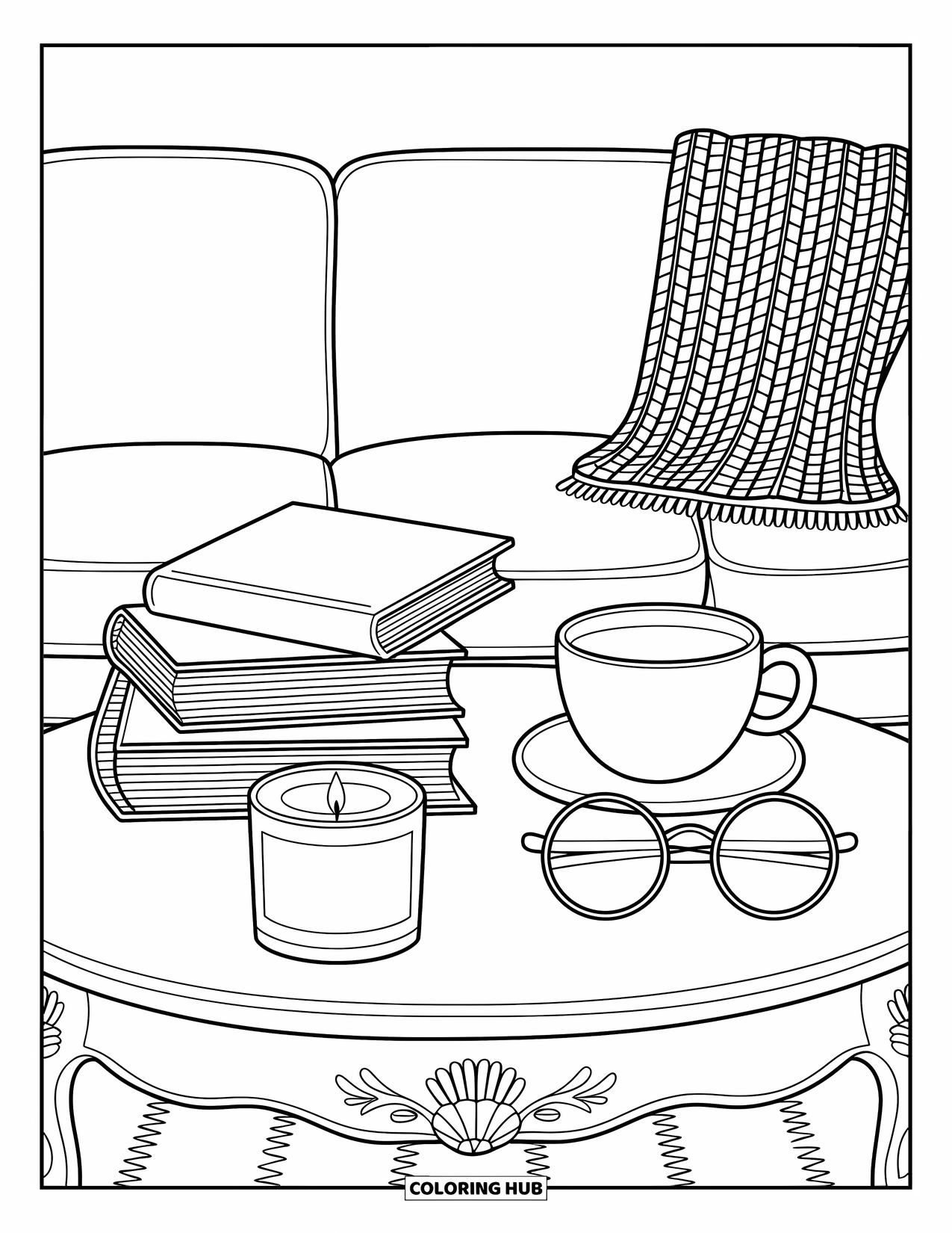 Boek Kleurplaat voor Volwassenen: Boeken, thee en een kaars staan op een tafel in de buurt van een bril en een gezellige bank