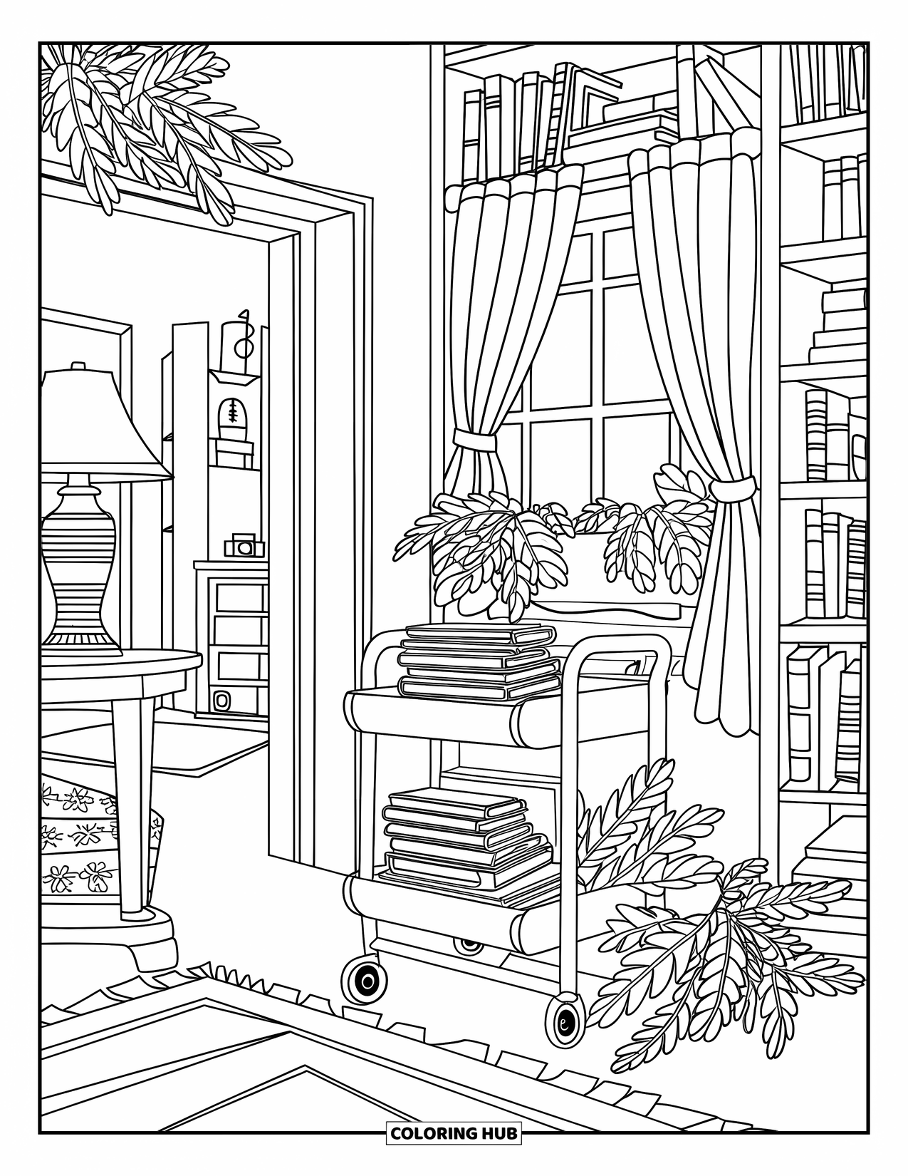 Boek Kleurplaat voor Volwassenen: Boeken, thee en planten verzamelen zich in een warme hoek met een lamp en gezellige details