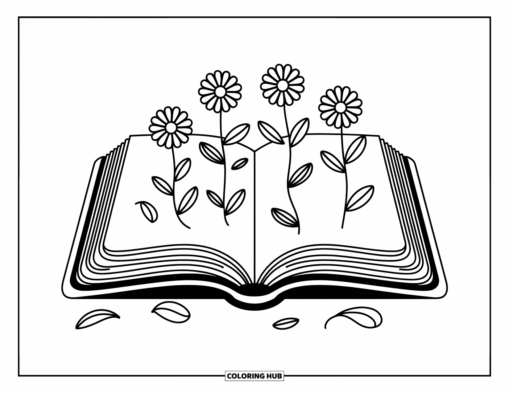 Boek Kleurplaat voor Volwassenen: Delicate bloemen komen uit een open boek, met zachte bloemblaadjes die het zachtjes omringen