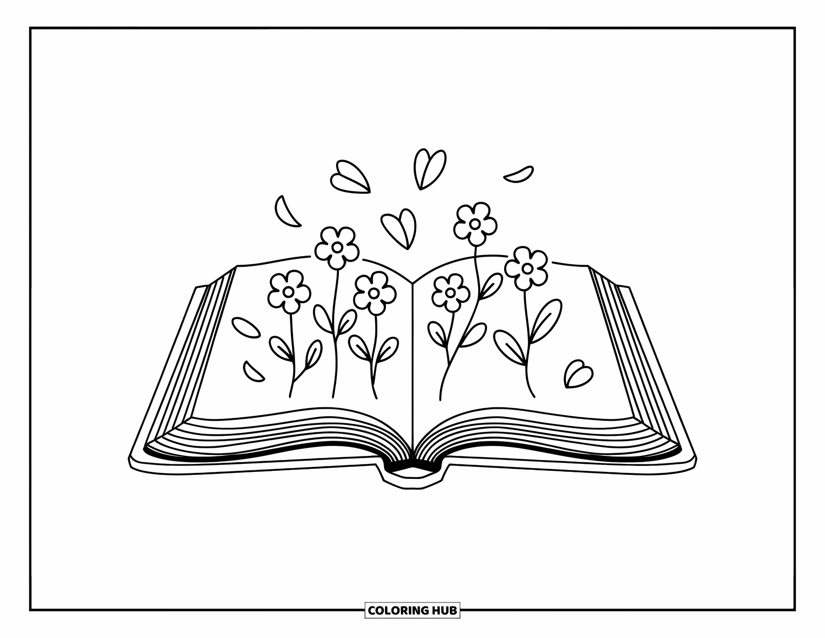 Boek Kleurplaat voor Volwassenen: Bloemen groeien uit boekpagina's terwijl bloemblaadjes zachtjes naar beneden vallen