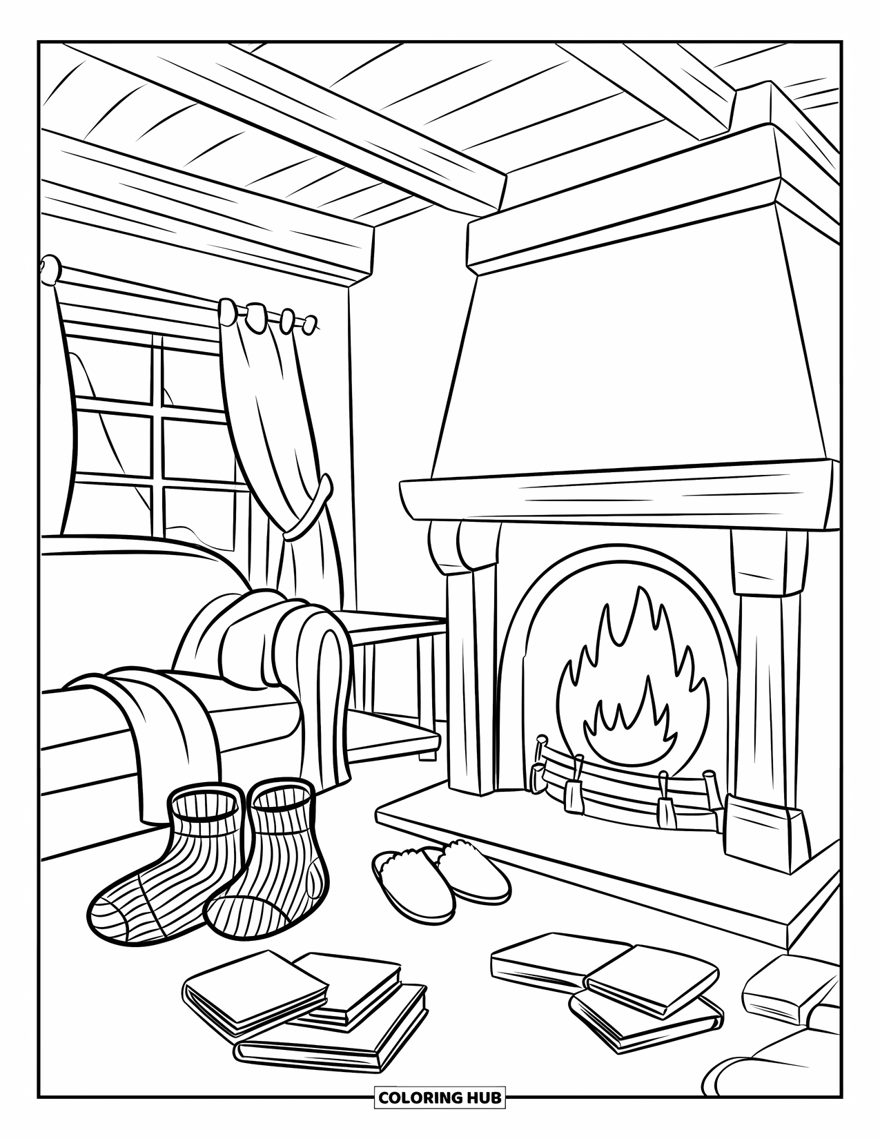 Boek Kleurplaat voor Volwassenen: Pantoffels en boeken liggen in de buurt van een gloeiende open haard in een gezellige kamer