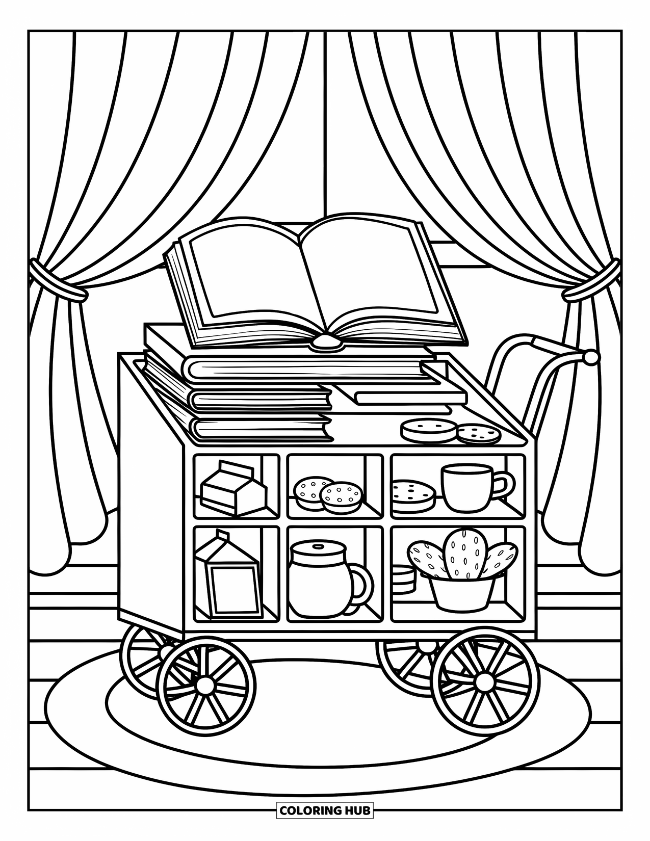 Boek Kleurplaat voor Volwassenen: Verhalenboeken en snacks vullen een grillige theekar met gordijnen die zachtjes in de buurt wapperen