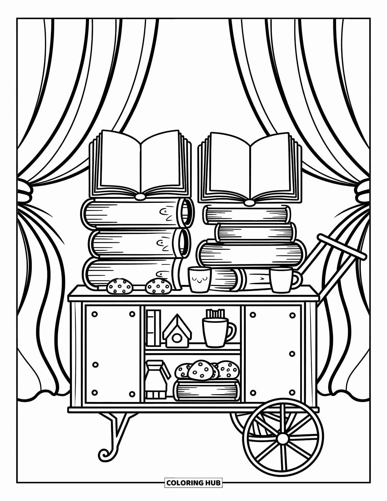 Boek Kleurplaat voor Volwassenen: Verhalenboeken en lekkernijen vullen een theekar waarbij fladderende gordijnen een gezellig briesje toevoegen