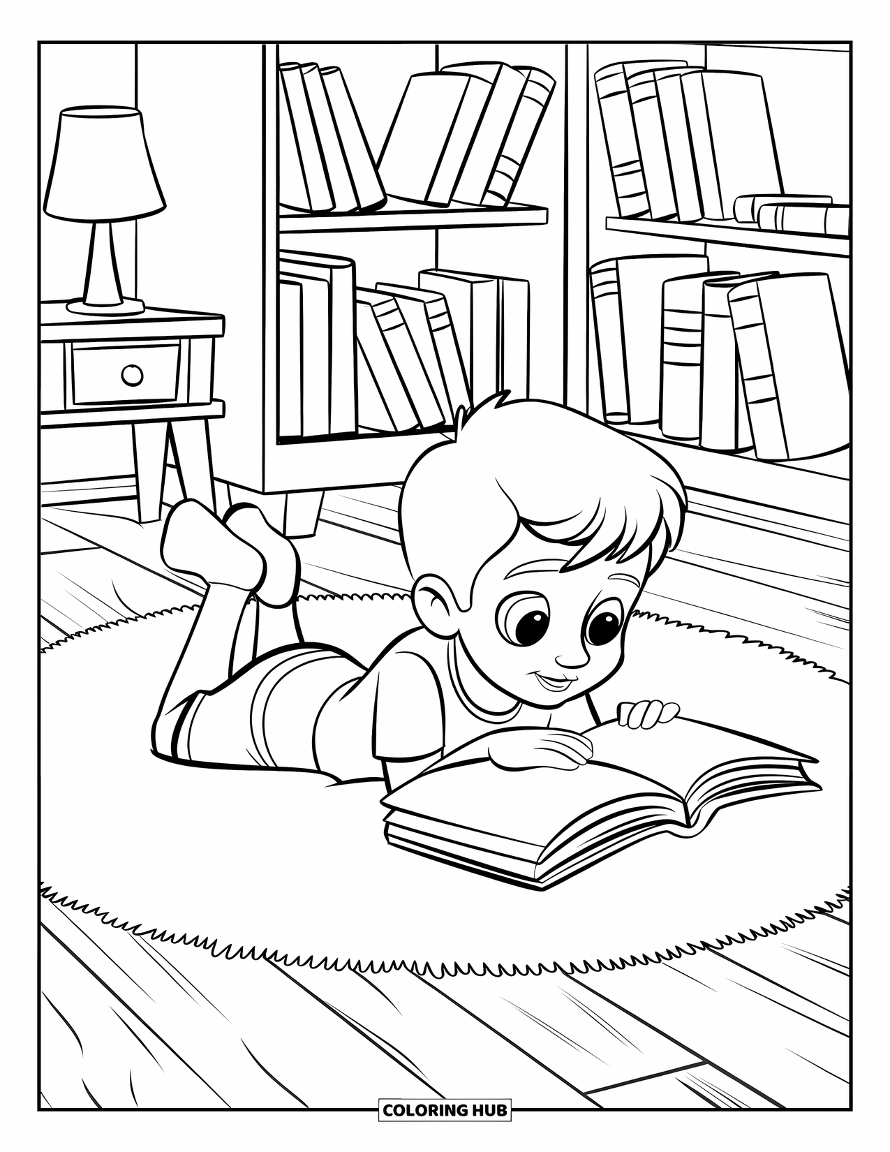 Boek Kleurplaat voor Kinderen: Een jongen leest op een helder kleed naast een volle boekenkast en een kleine tafel