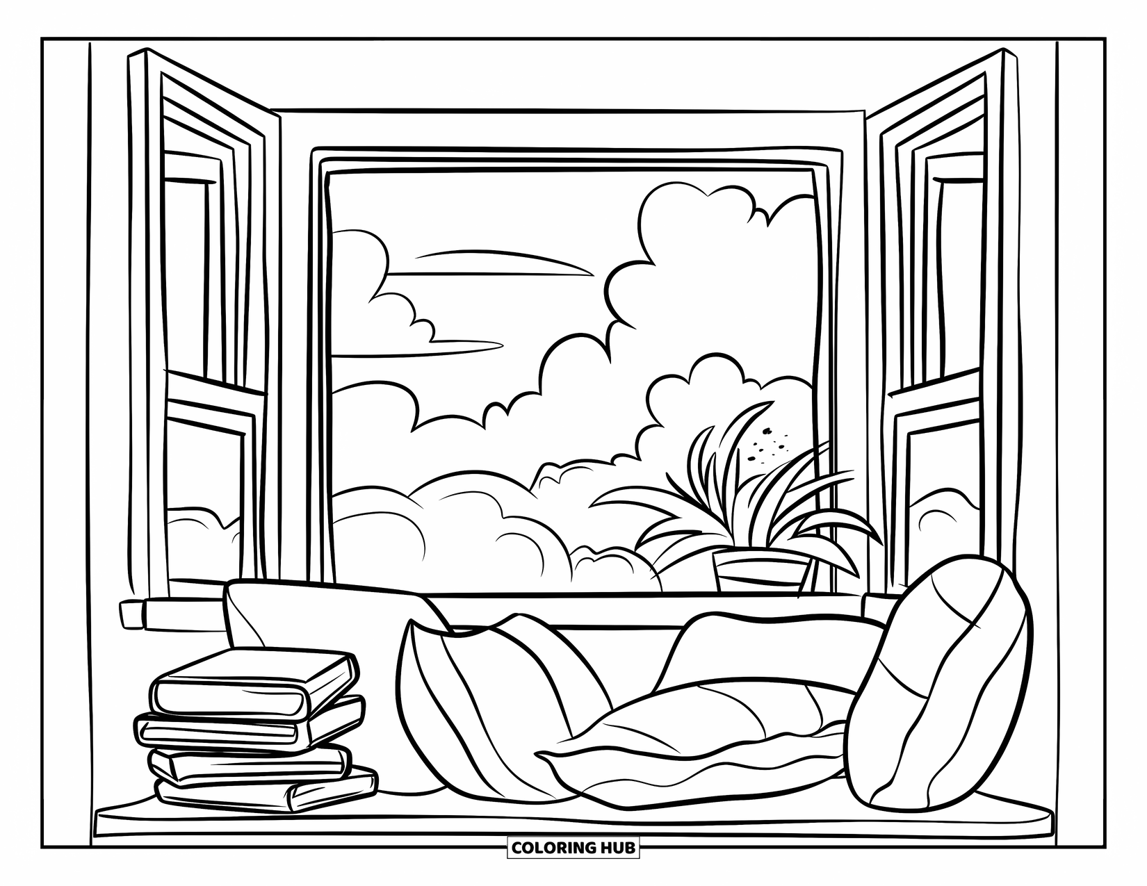 Boek Kleurplaat voor Kinderen: Een comfortabele vensterbank met boeken en een potplant staat onder een bewolkte lucht