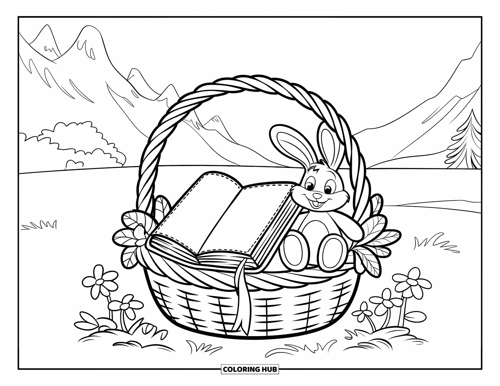 Boek Kleurplaat voor Kinderen: Een gezellige mand bevat een boek en een konijntje omringd door bloemen en heuvels