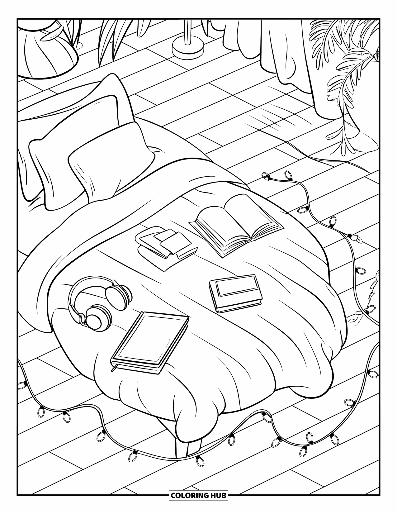Boek Kleurplaat voor Kinderen: Een gezellige bedhoek met een koptelefoon, boeken en feestverlichting voelt vredig en knus aan
