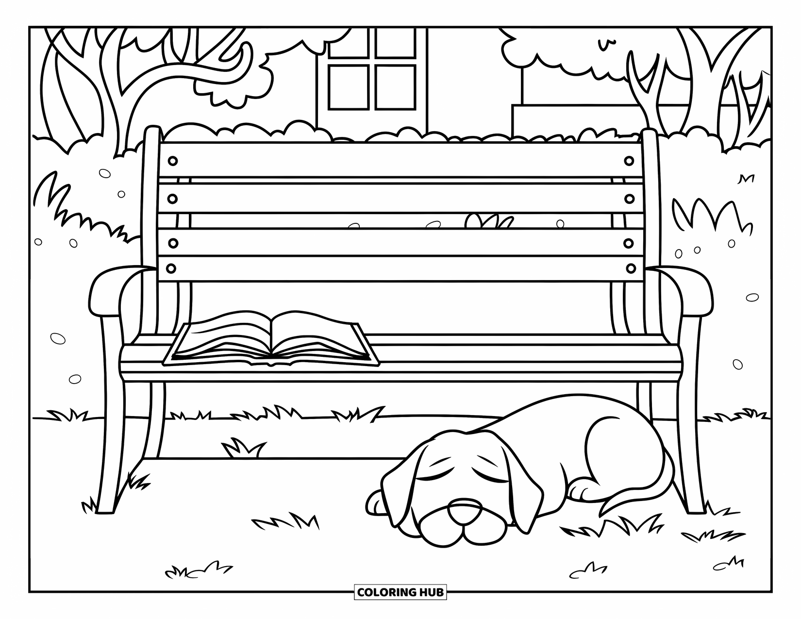 Boek Kleurplaat voor Kinderen: Op een gezellig bankje ligt een open boek en een slaperige pup in een rustige tuin