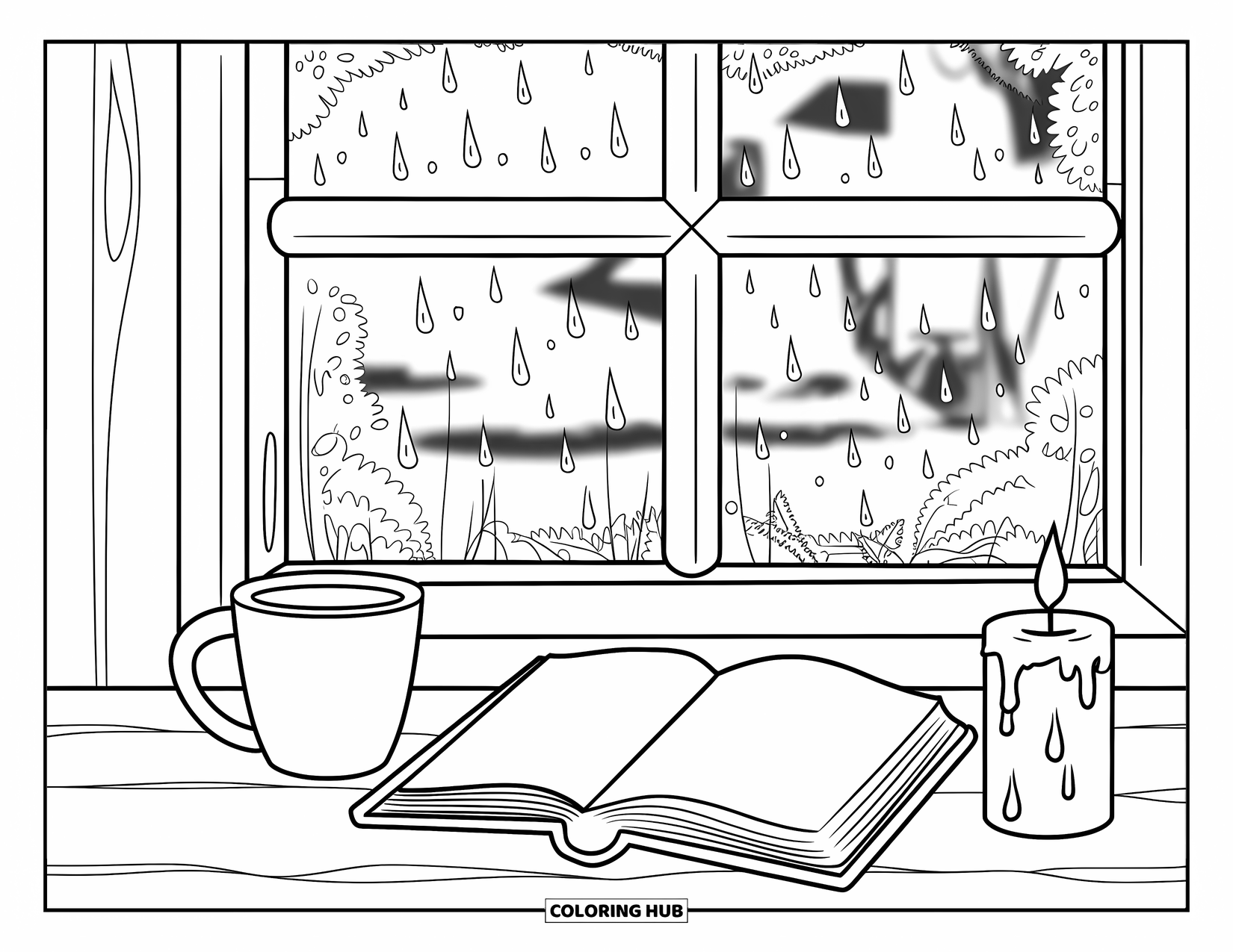Boek Kleurplaat voor Kinderen: Een gezellige tafel staat bij een regenachtig raam met een kaars, een boek en een mok