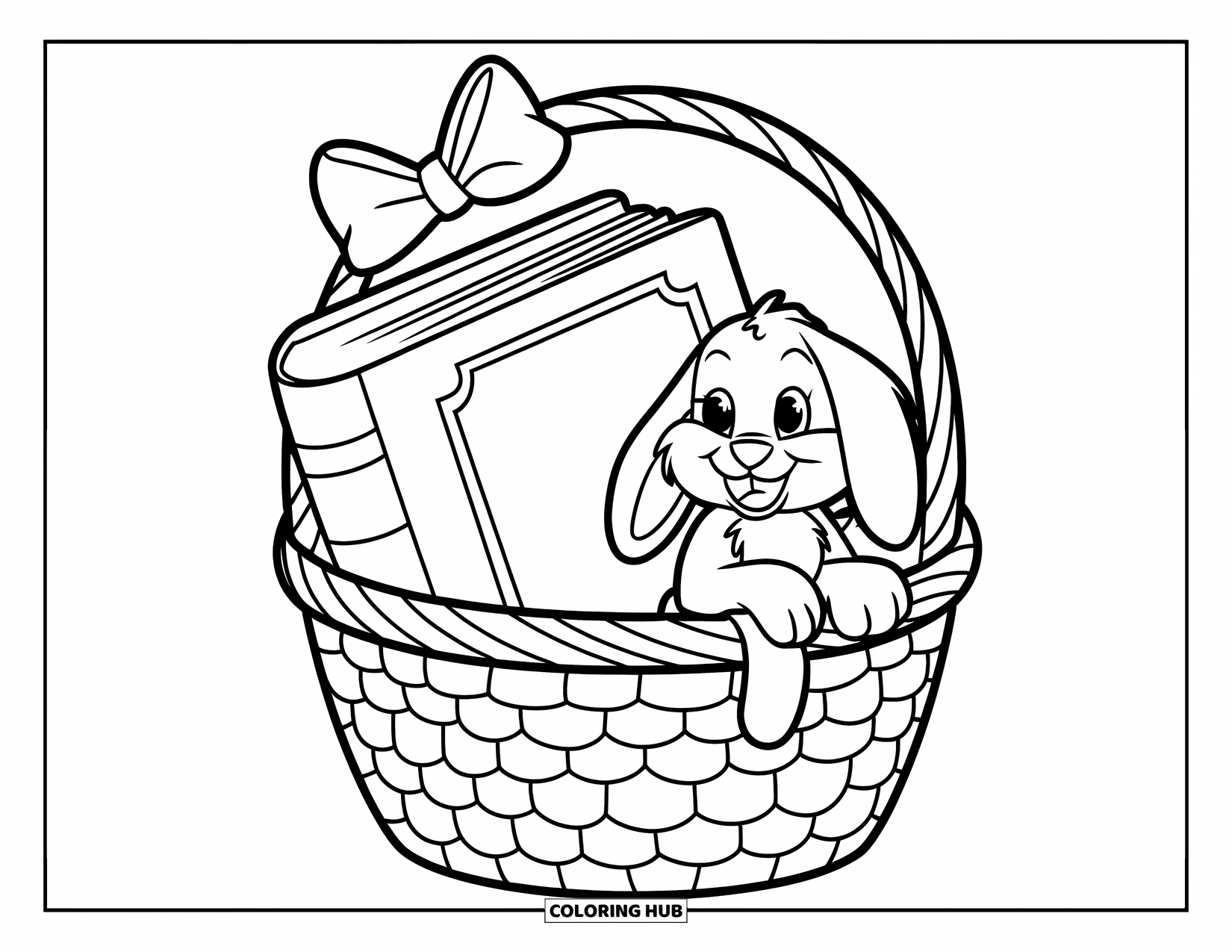 Boek Kleurplaat voor Kinderen: Een schattig konijntje zit naast een boek in een mand met een strik