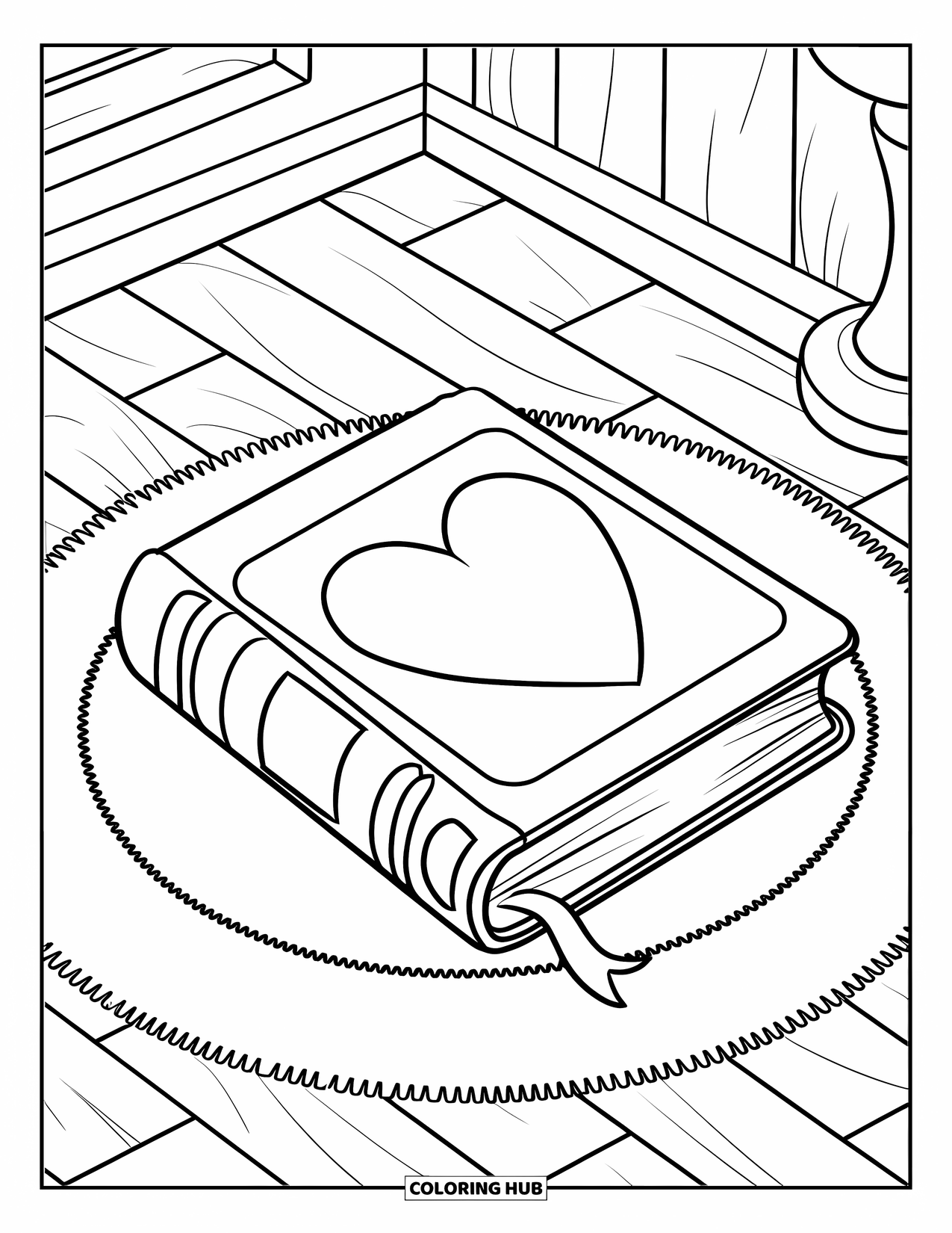 Boek Kleurplaat voor Kinderen: Op een zacht kleed ligt een boek met de titel "Liefde hangt in de lucht" met een hart op de omslag