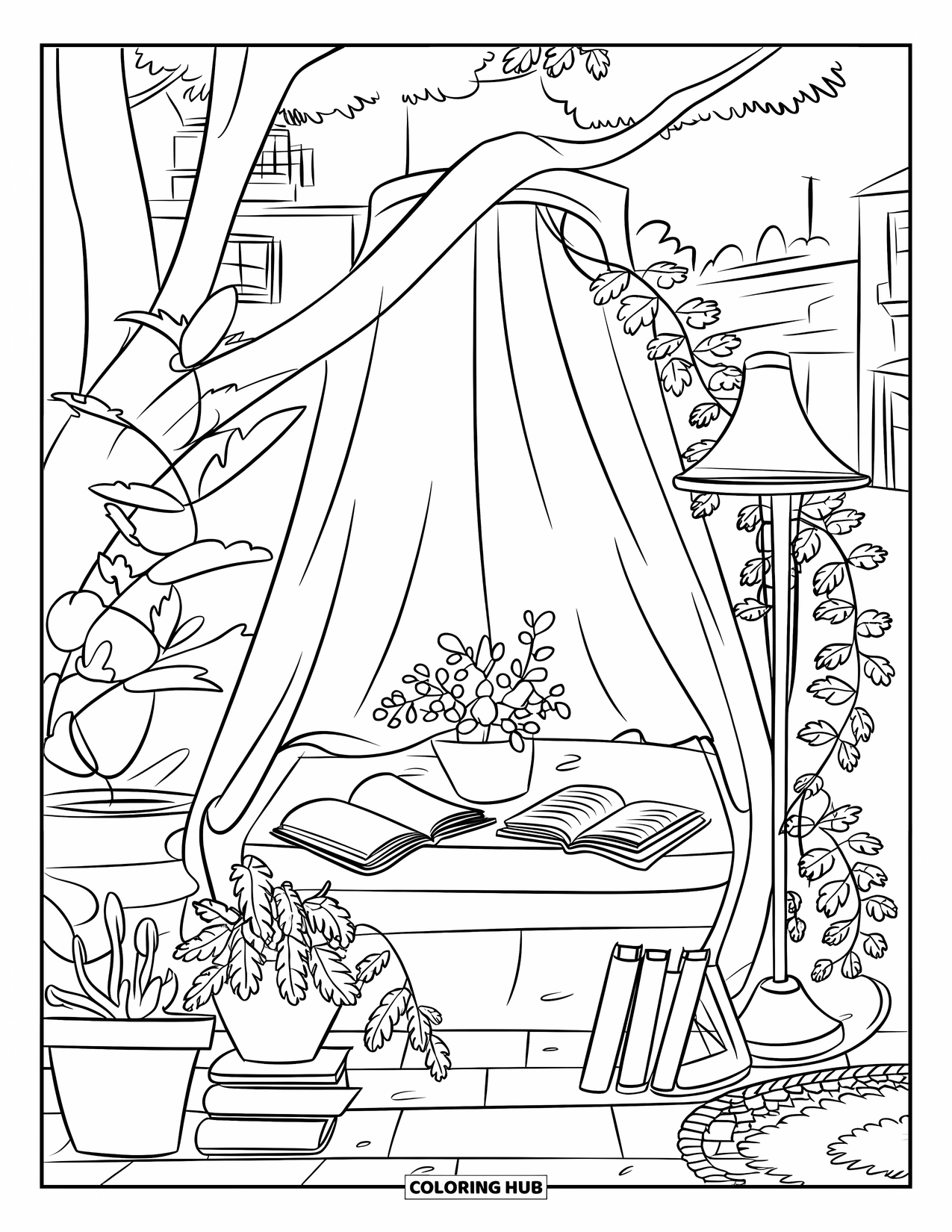Boek Kleurplaat voor Kinderen: Een rustige leeshoek onder een boom is gevuld met planten, boeken en zacht licht