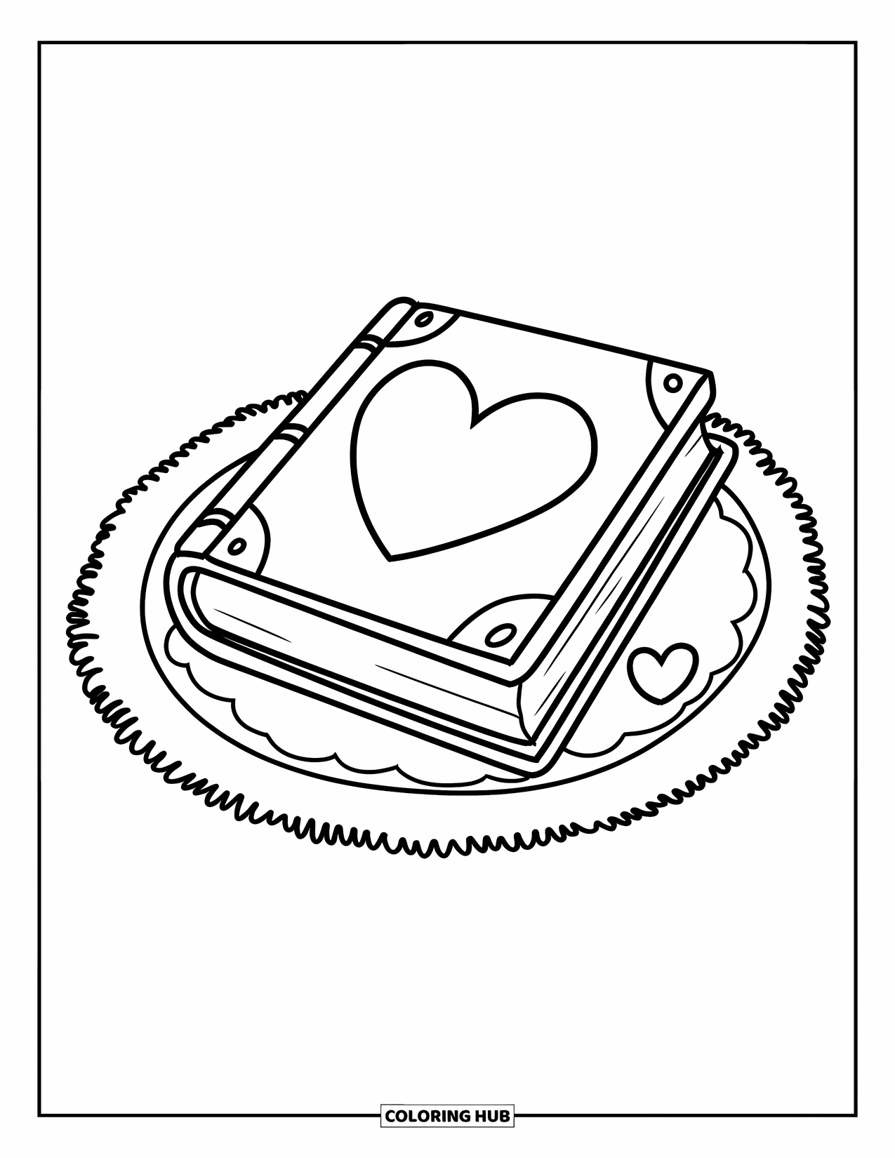 Boek Kleurplaat voor Kinderen: Een roze boek met een hart ligt op een zacht kleed met twee kleine hartjes in de buurt