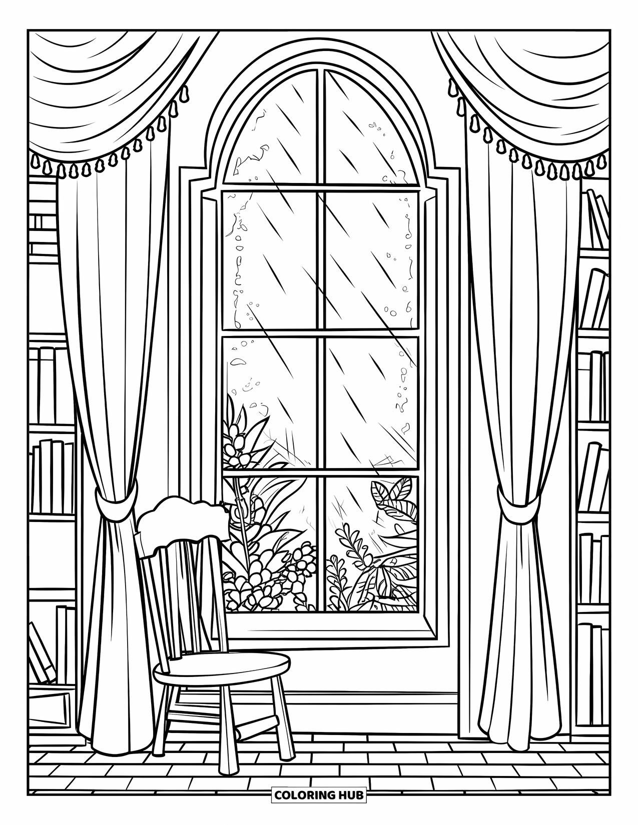 Boek Kleurplaat voor Kinderen: Een regenachtige leeshoek met potplanten en een houten stoel nodigt uit tot rustige momenten