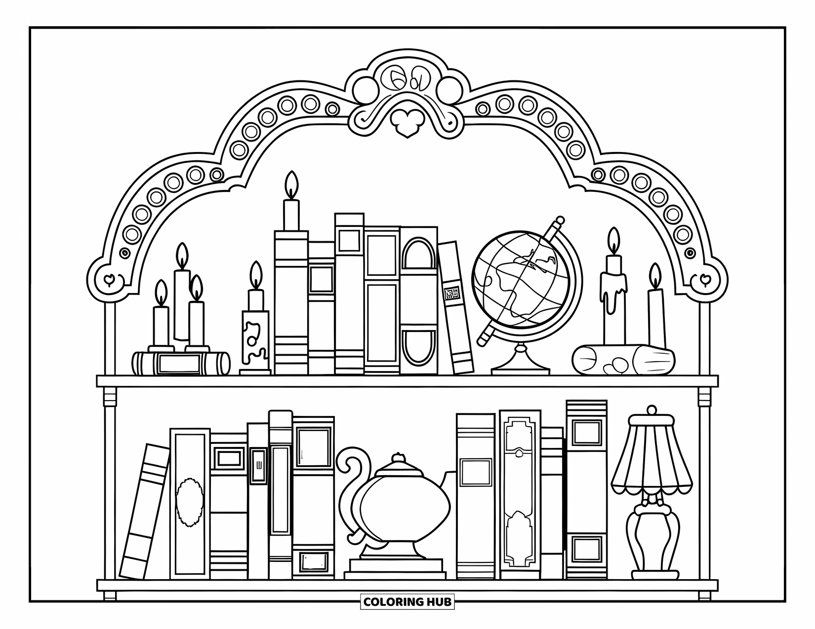 Boek Kleurplaat voor Kinderen: Een plank met kaarsen, boeken en kleine schatten staat onder een decoratieve boog