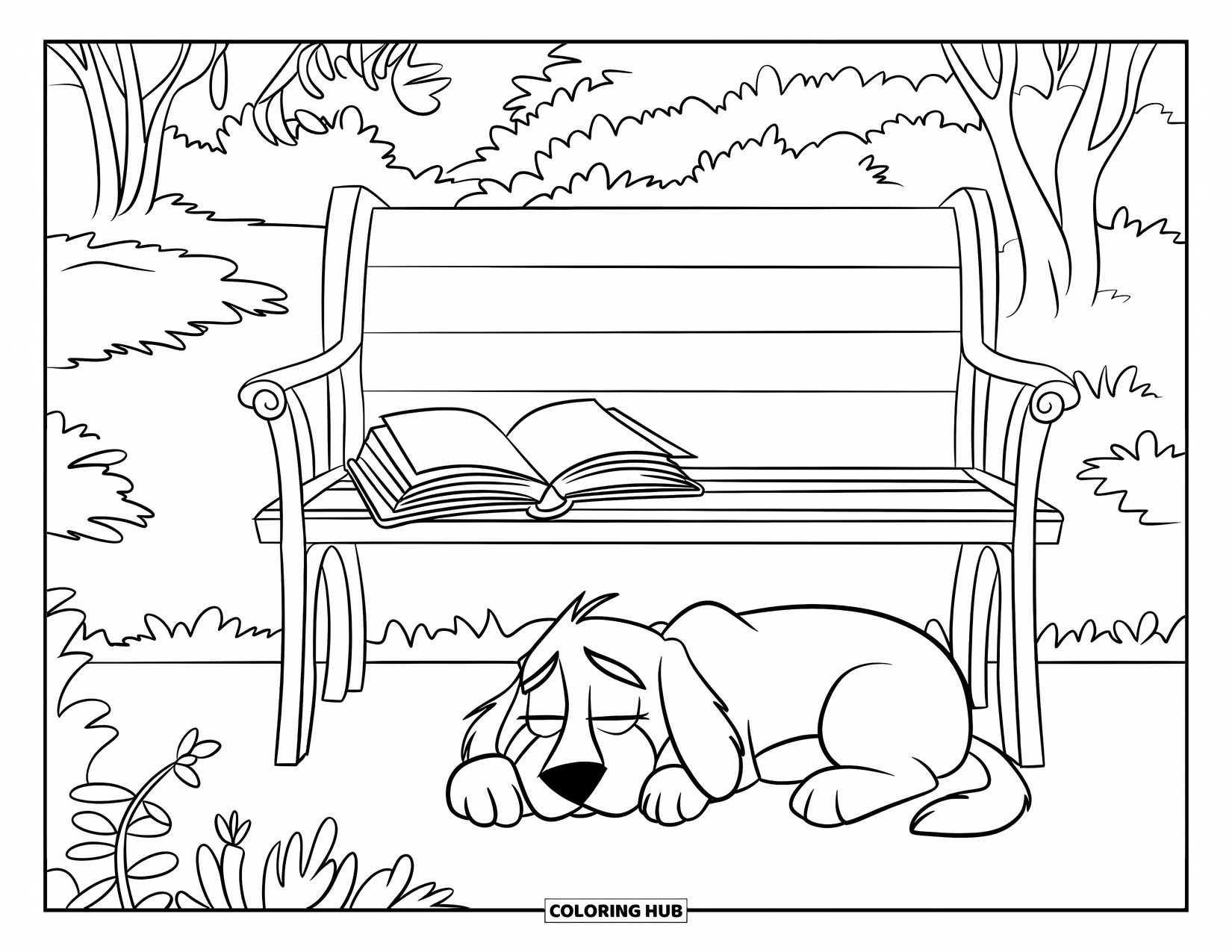 Boek Kleurplaat voor Kinderen: Een slaperige hond doet een dutje in de buurt van een tuinbank met een open boek en zachte planten in de buurt