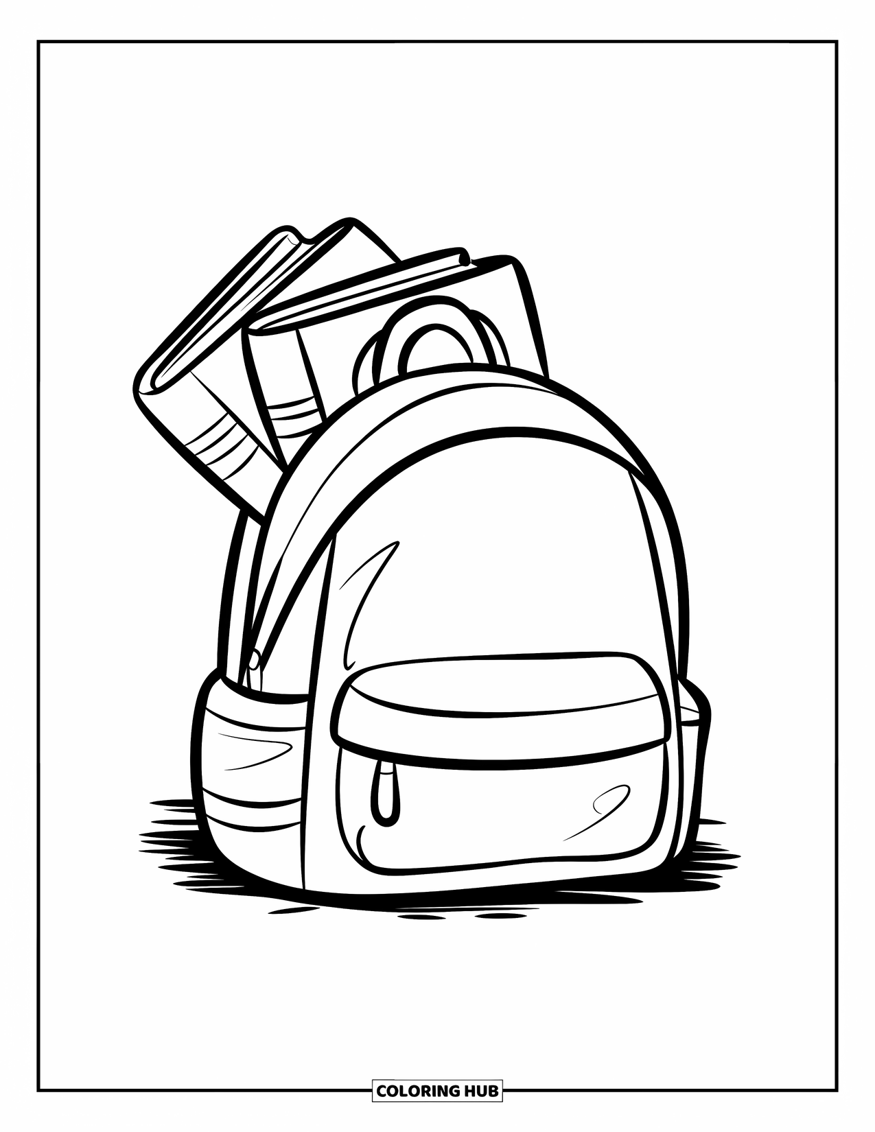 Boek Kleurplaat voor Kinderen: Een kleine rugzak met boeken steekt uit op de grond, klaar voor avontuur