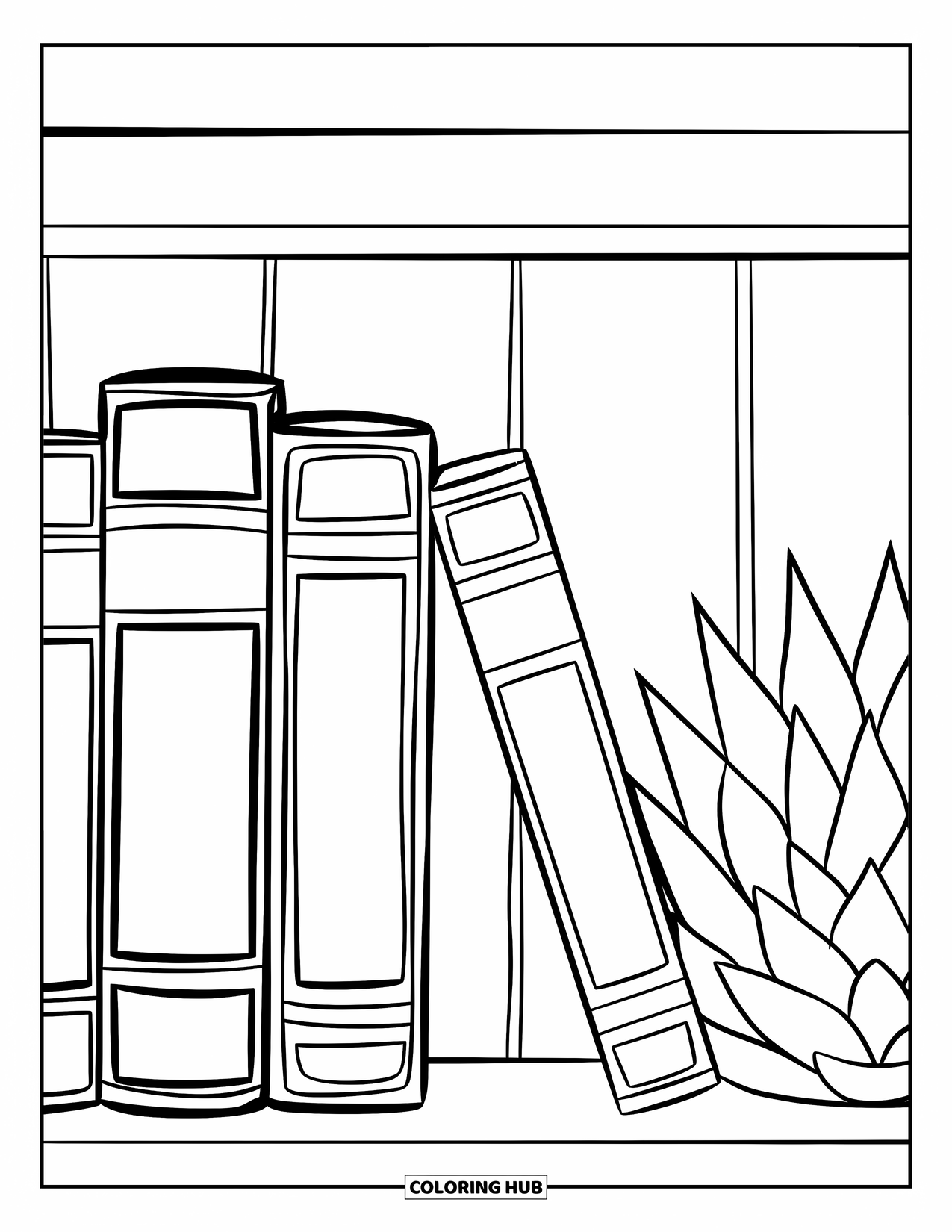 Boek Kleurplaat voor Kinderen: Een kleine vetplant staat naast vier grote boeken met labels op een nette plank