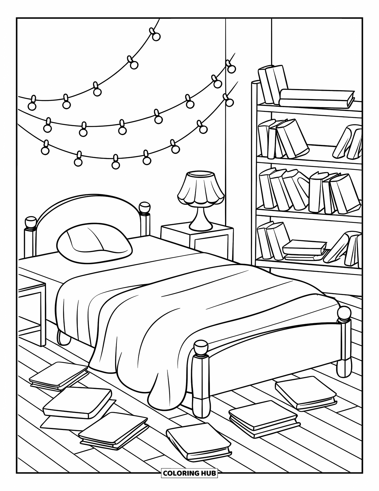 Boek Kleurplaat voor Kinderen: Een knusse slaapkamer gloeit met lichtjes en boeken, met een zachte deken op het bed