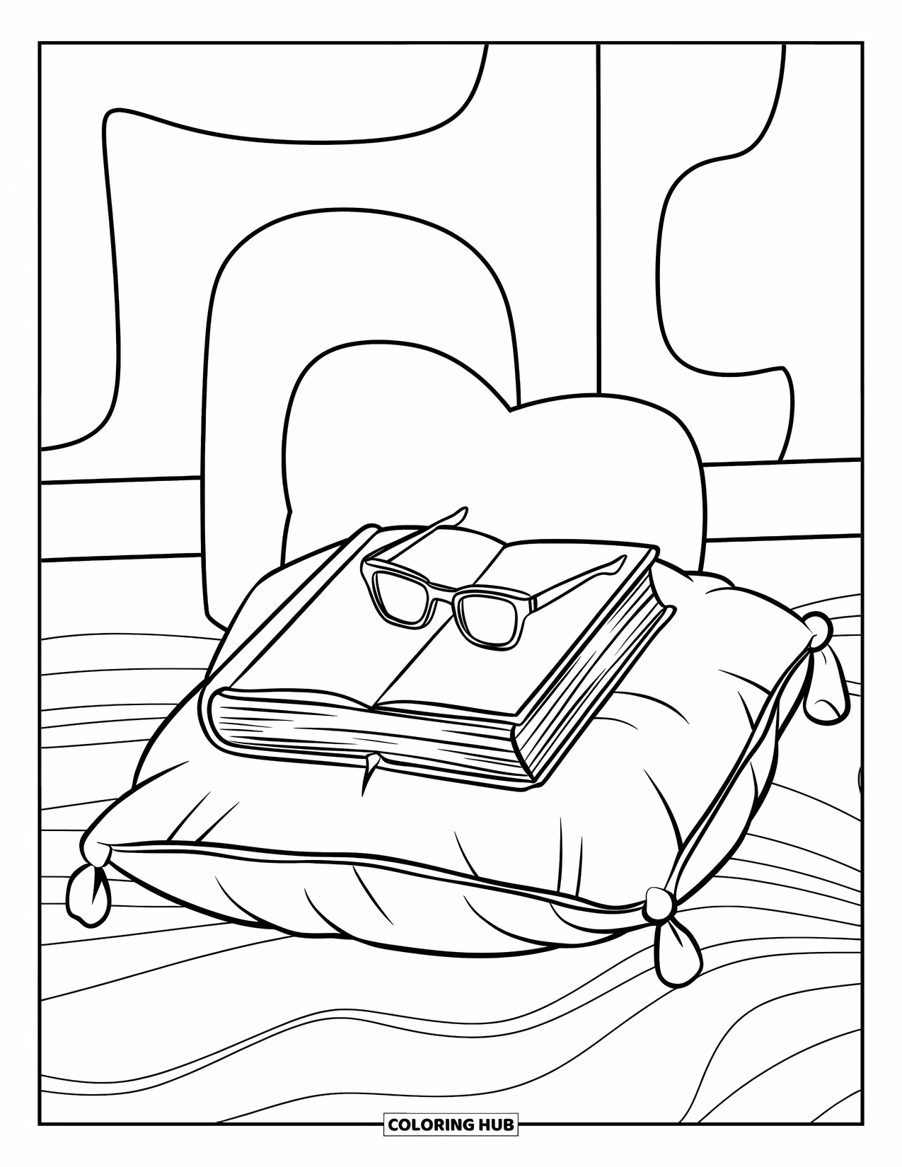 Boek Kleurplaat voor Kinderen: Een zacht kussen houdt een boek en een bril vast met gedurfde, eenvoudige vormen