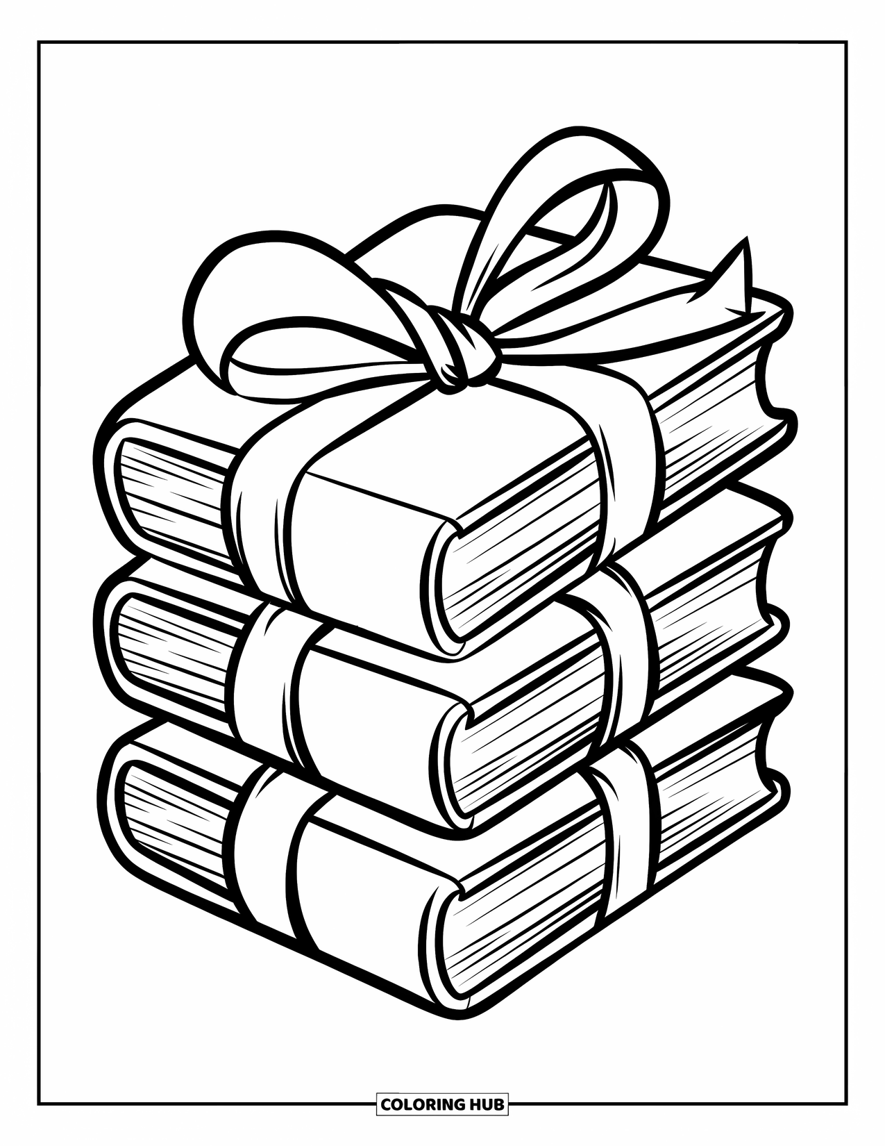 Boek Kleurplaat voor Kinderen: Een stapel dikke boeken met Mickey Mouse-ontwerpen is verpakt in een lintstrik