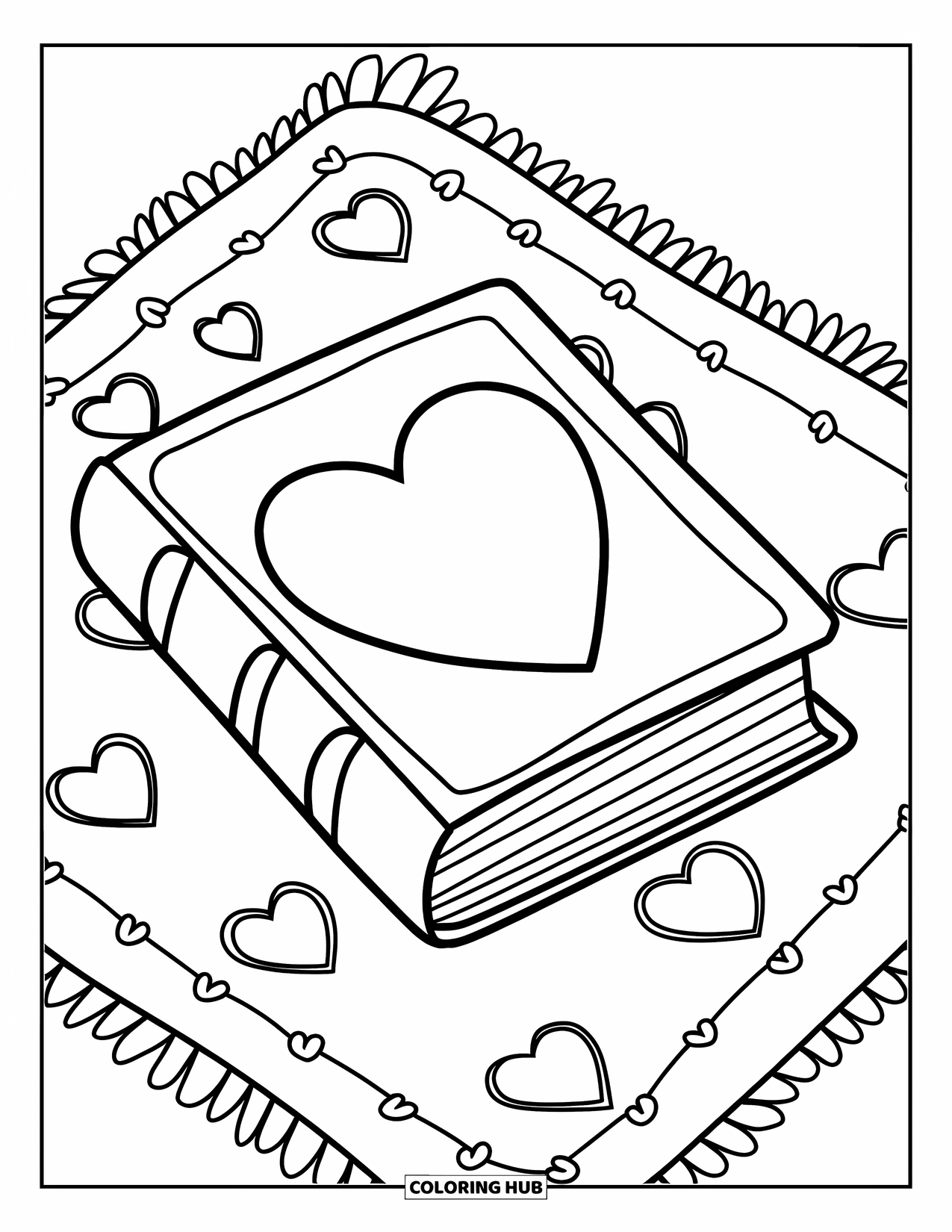 Boek Kleurplaat voor Kinderen: Een lief boek met een hartomslag ligt op een kleed met een hartpatroon