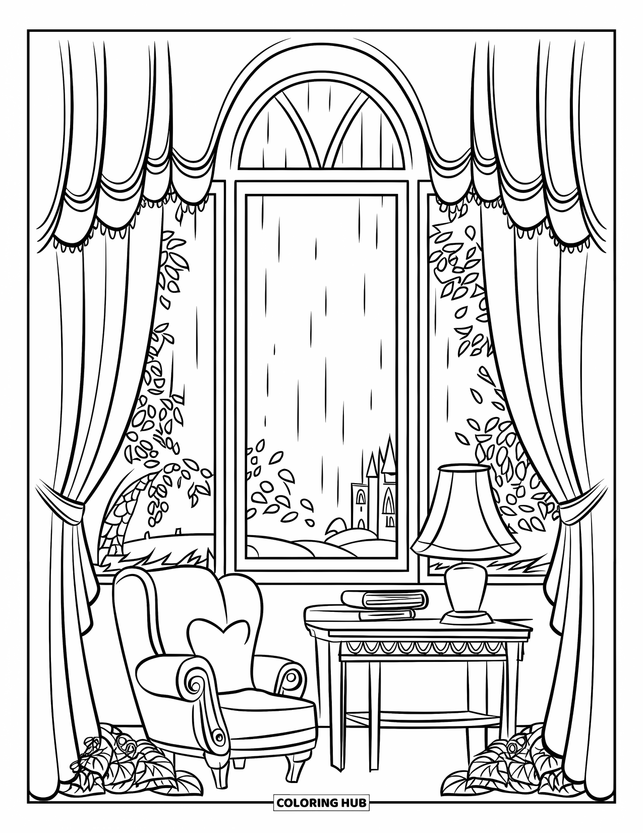 Boek Kleurplaat voor Kinderen: Een hoog raam met regen, planten en een stoel maakt deze leeshoek magisch