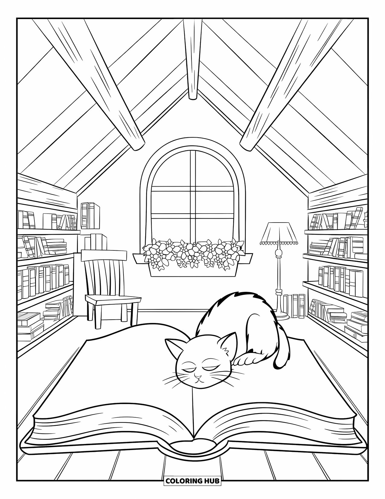 Boek Kleurplaat voor Kinderen: Een warme zolderhoek bevat boeken, een uitzicht vanuit het raam en een kat die op een boek ligt te slapen