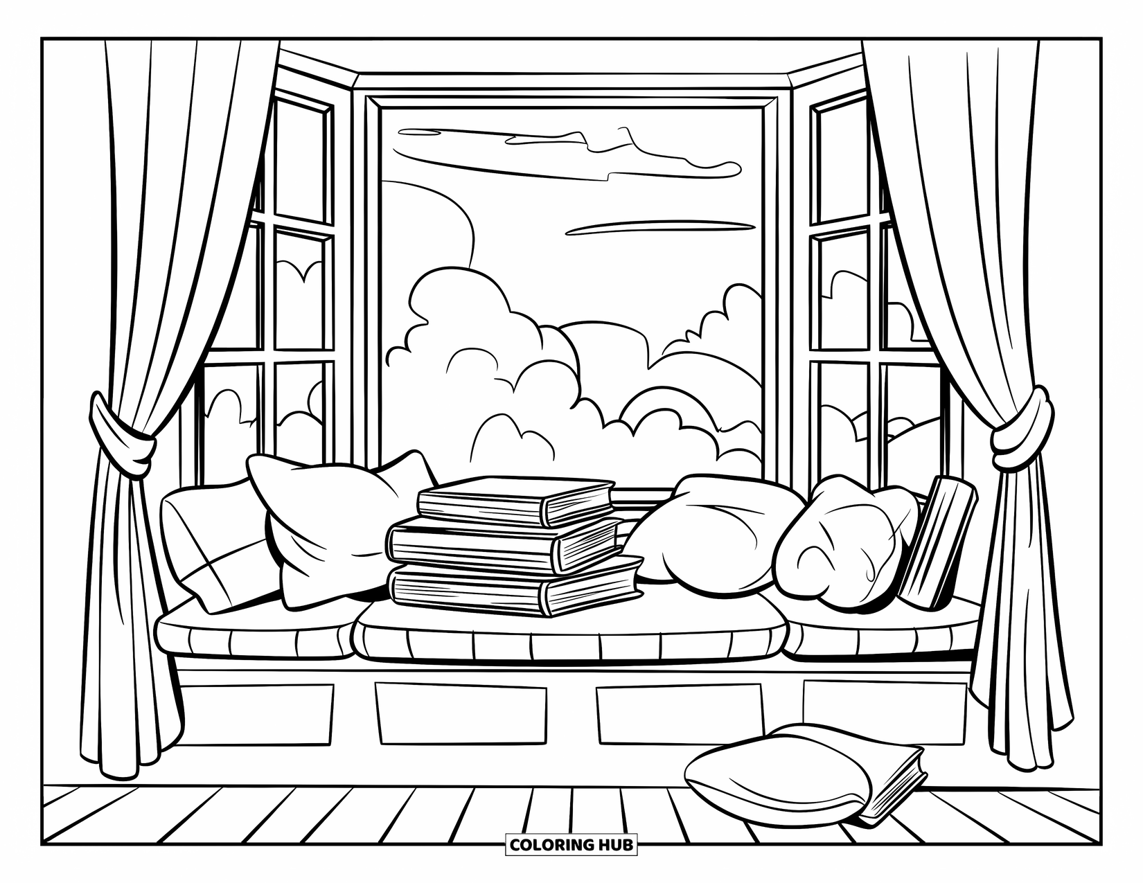Boek Kleurplaat voor Kinderen: Een vensterbank met zachte kussens en boeken kijkt uit op een bewolkte lucht