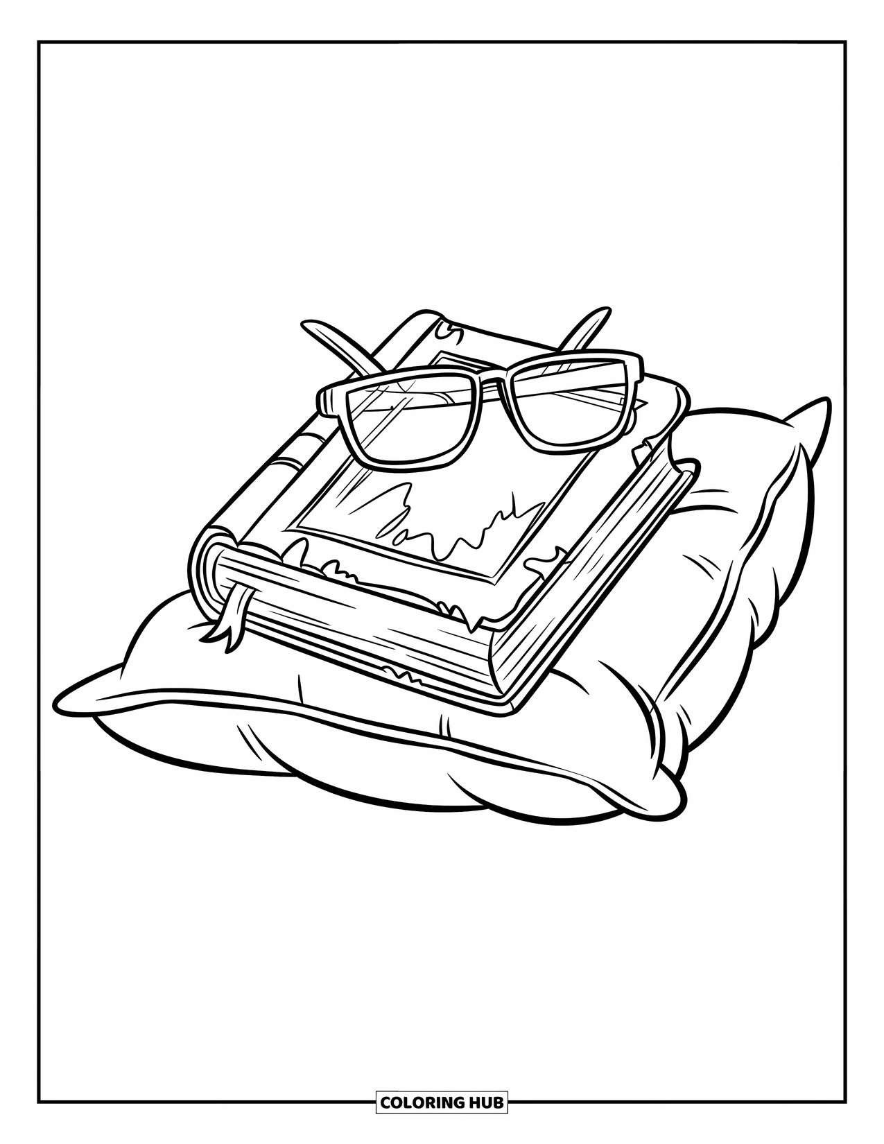 Boek Kleurplaat voor Kinderen: Een versleten boek en een bril liggen op een zacht kussen in een rustige ruimte