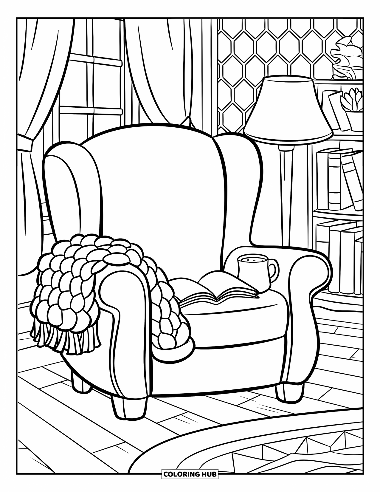 Boek Kleurplaat voor Kinderen: Een uitnodigende fauteuil met een warme deken en cacao staat bij een raam en een boekenkast