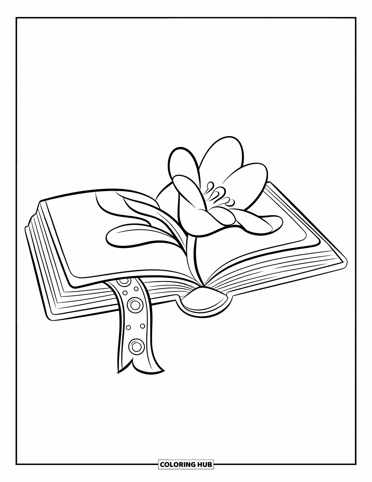 Boek Kleurplaat voor Kinderen: Een open boek met de titel "De avonturen van Mickey Mouse" ligt met een bloem en een bladwijzer