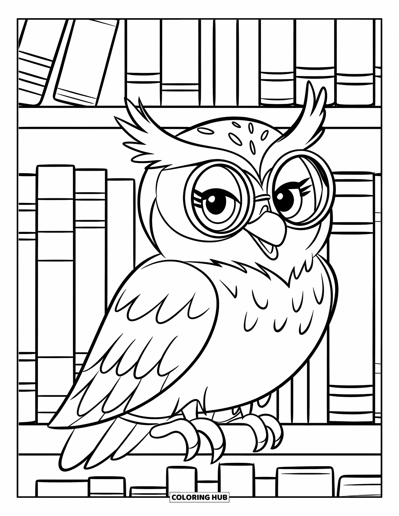 Boek Kleurplaat voor Kinderen: Een uil met een bril zit op een boekenplank vol boeken