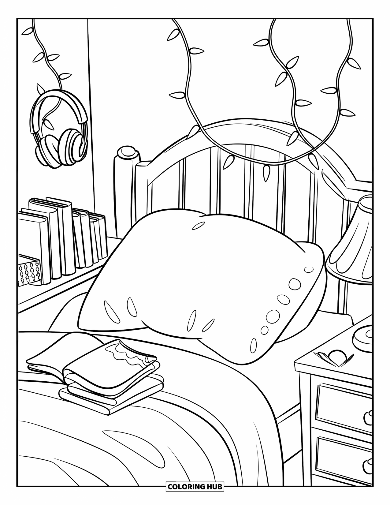 Boek Kleurplaat voor Kinderen: Boeken en feestverlichting omringen een zacht bed met een kussen en een lamp in de buurt