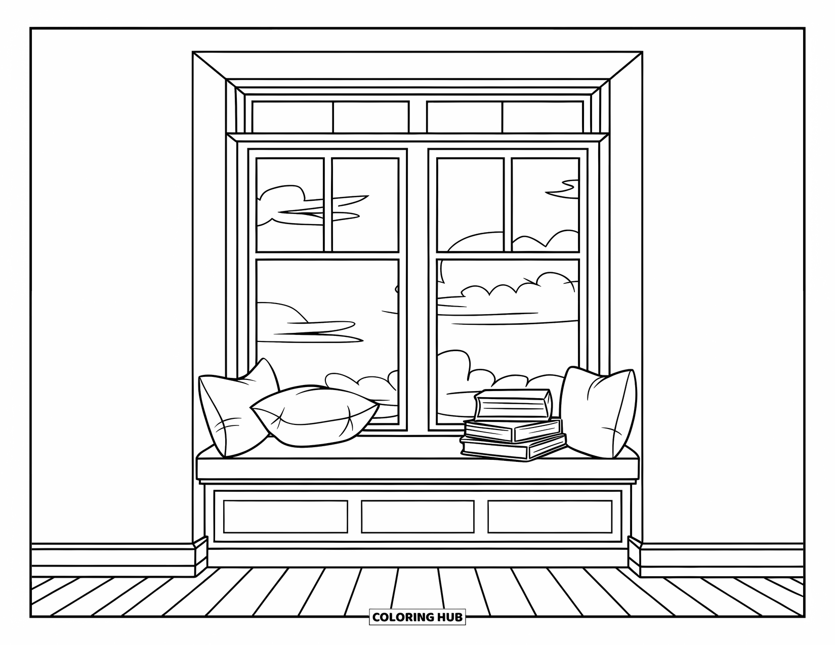 Boek Kleurplaat voor Kinderen: Boeken en kussens vullen een rustige vensterbank met een bewolkt uitzicht naar buiten