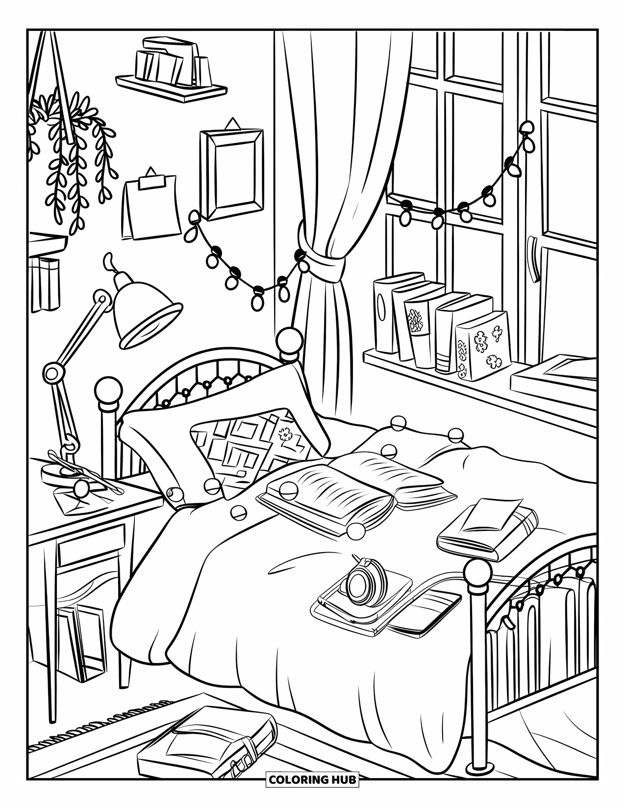 Boek Kleurplaat voor Kinderen: Boeken, een koptelefoon en feestverlichting versieren een comfortabel bed in een gezellige kamer