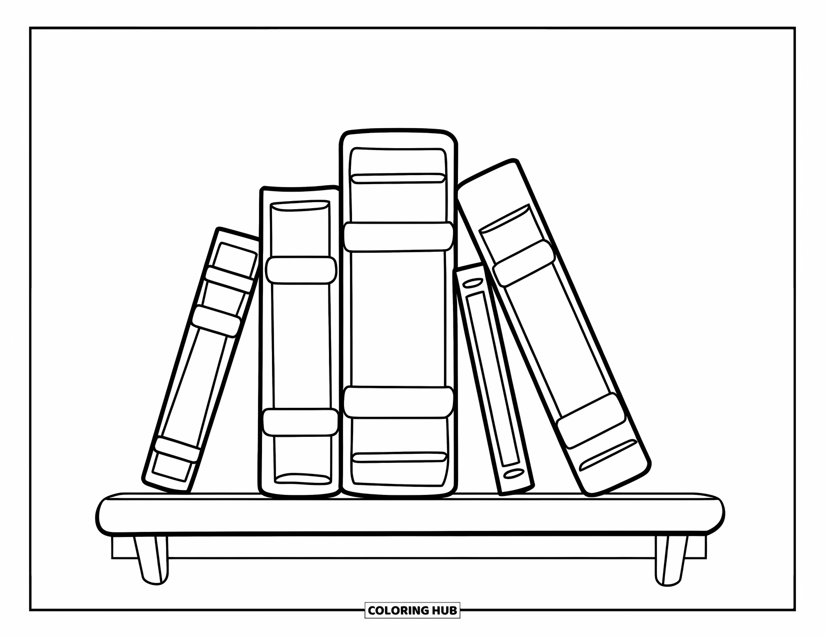 Boek Kleurplaat voor Kinderen: Boeken leunen speels op een plank met grote, gemakkelijk in te kleuren vormen