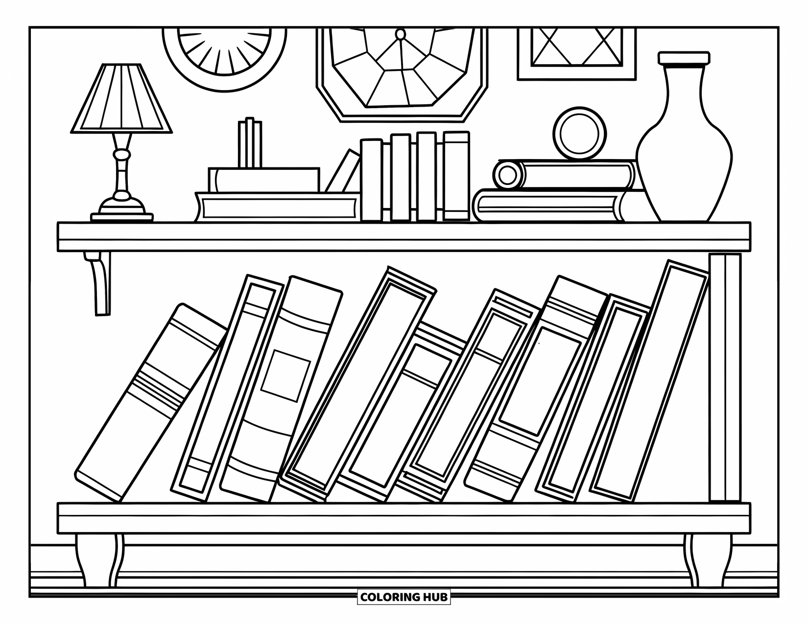 Boek Kleurplaat voor Kinderen: Boeken leunen heen en weer op een plank met een paar gezellige kamerdetails