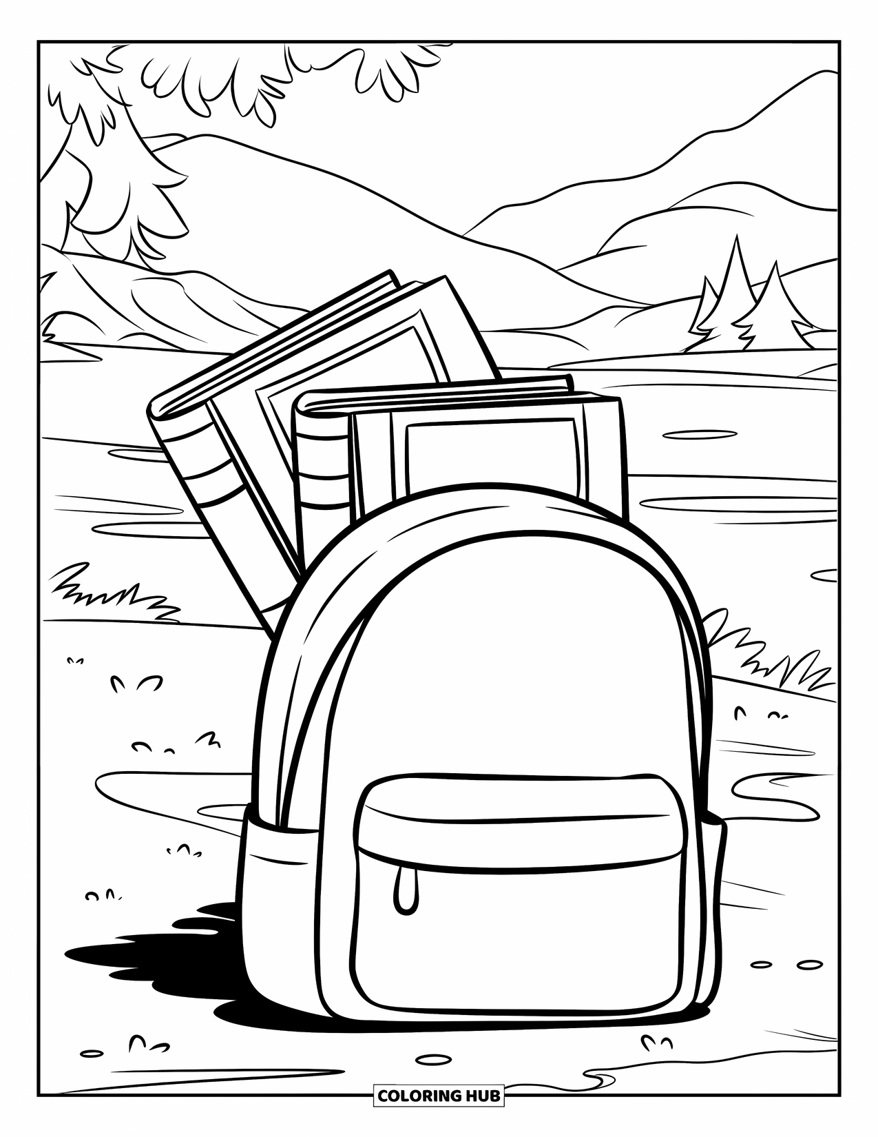 Boek Kleurplaat voor Kinderen: Boeken vallen uit een rugzak die in een vredig landschap is geplaatst