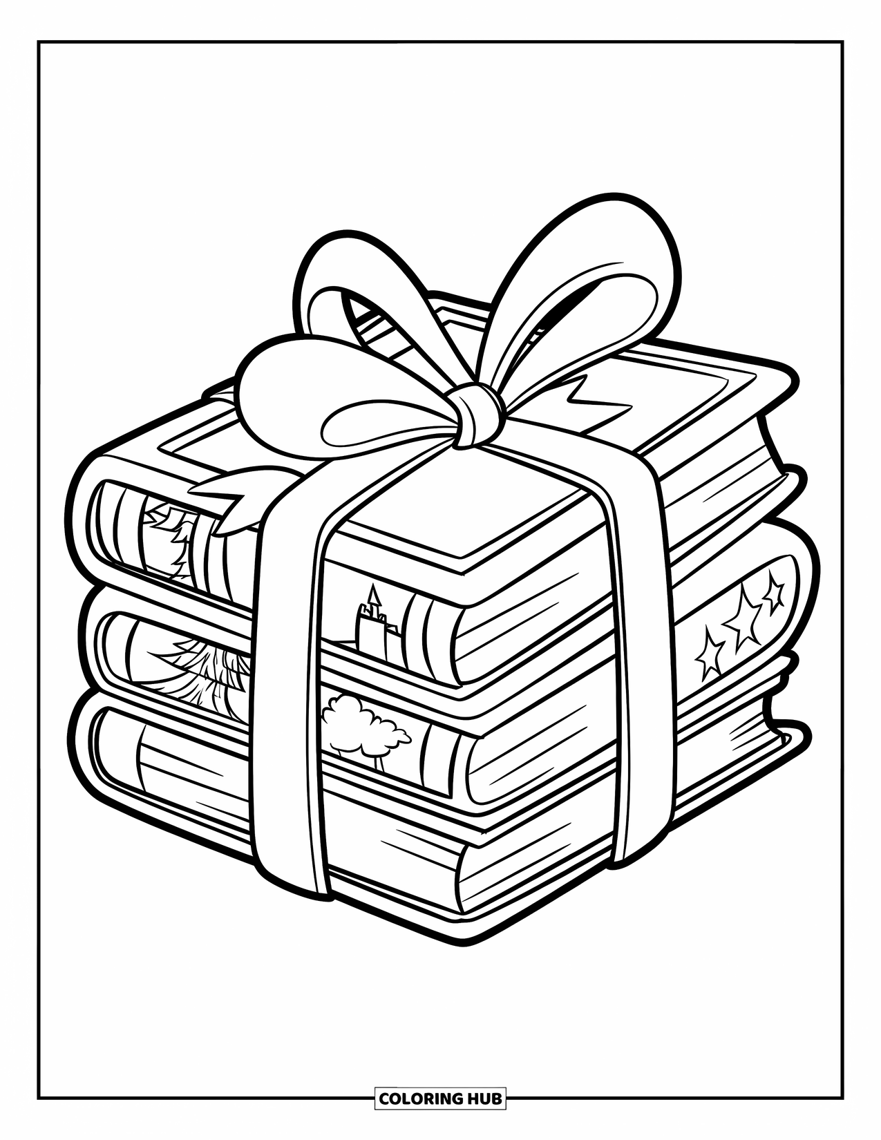 Boek Kleurplaat voor Kinderen: Boeken met sterren, bomen en kastelen zijn opgestapeld en verpakt in een grote lintstrik