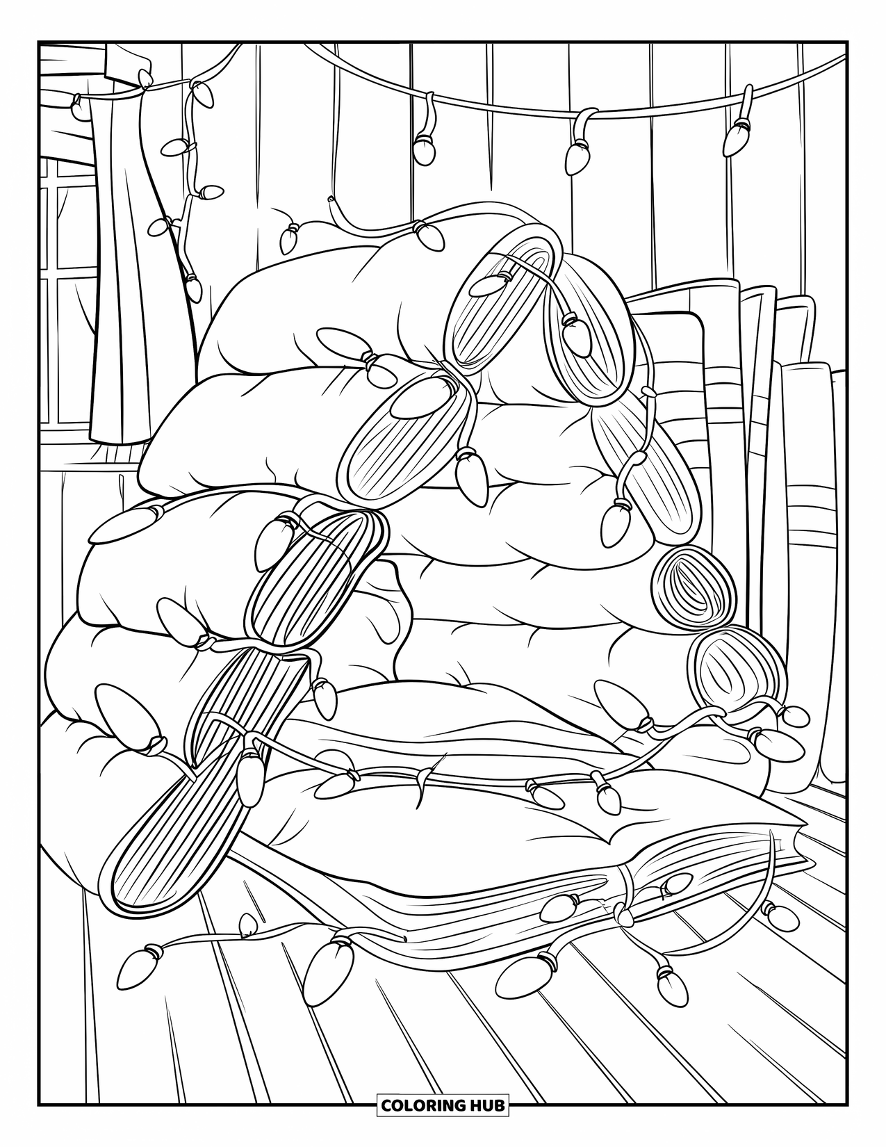 Boek Kleurplaat voor Kinderen: Feestverlichting twinkelt boven een dekenfort gemaakt om te lezen en te dromen