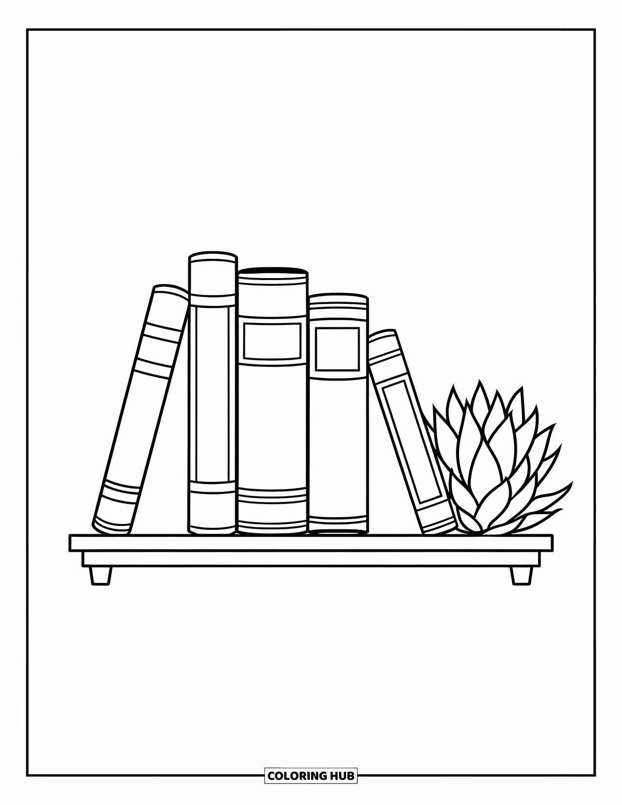 Boek Kleurplaat voor Kinderen: Vier oversized boeken met duidelijke labels staan netjes naast een kleine vetplant