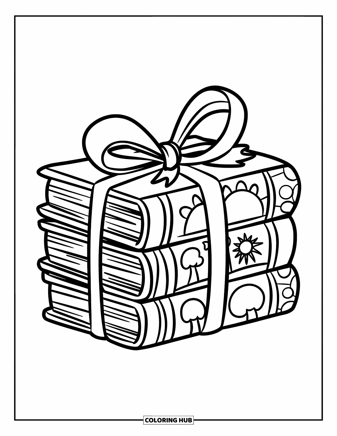 Boek Kleurplaat voor Kinderen: Drie grote boeken met leuke iconen zijn samengebonden met een speels lint