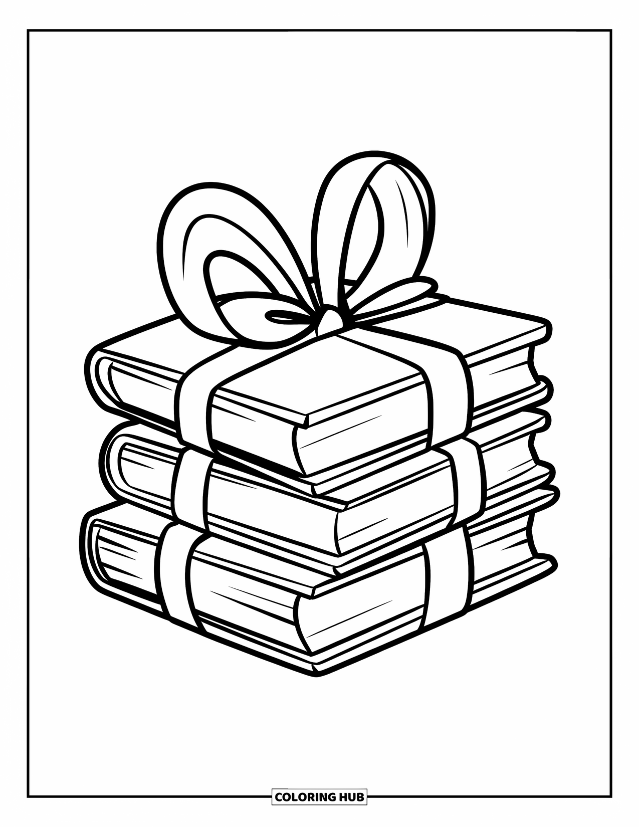 Boek Kleurplaat voor Kinderen: Drie dikke boeken zijn vastgebonden met een grote lintstrik op een effen achtergrond