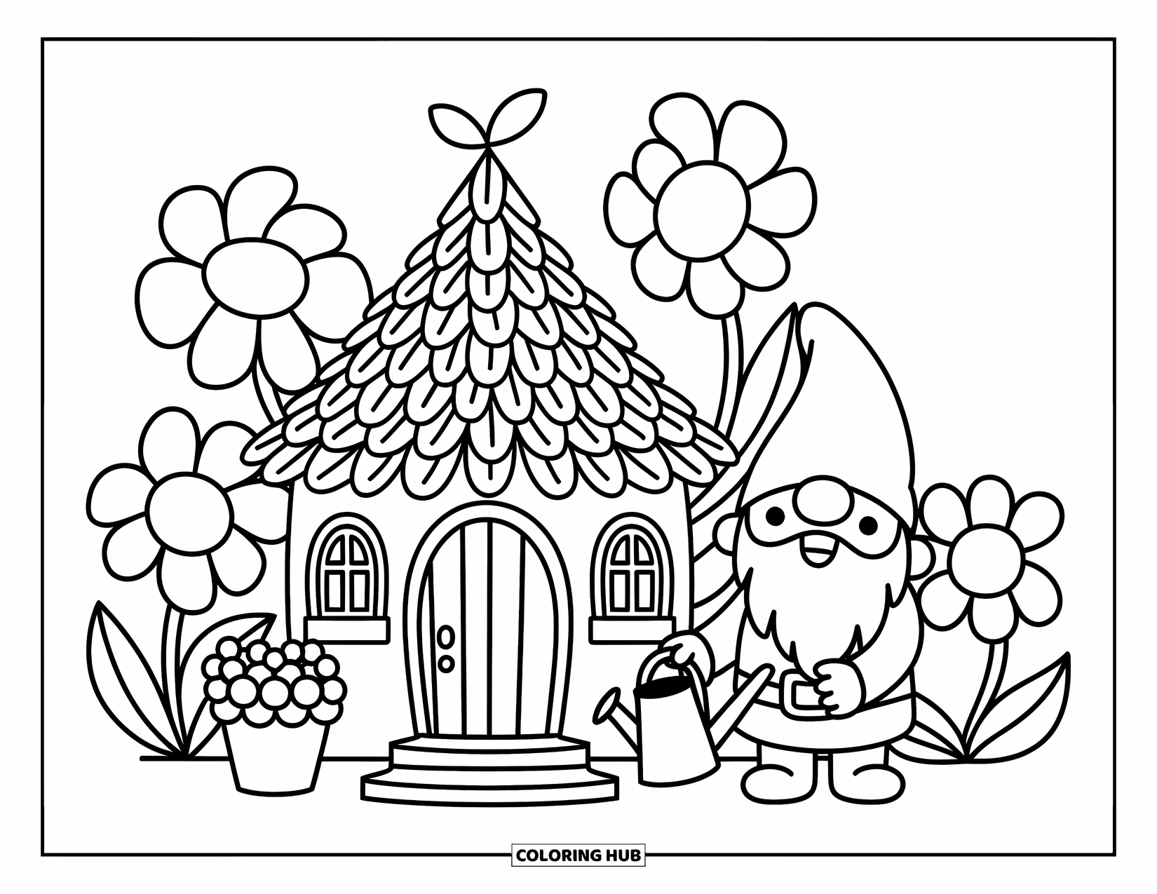 Kasteel Kleurplaat voor Volwassenen: Een vrolijke kabouter verzorgt bloemen buiten zijn kasteel met een bladerdak in een grillige tuin