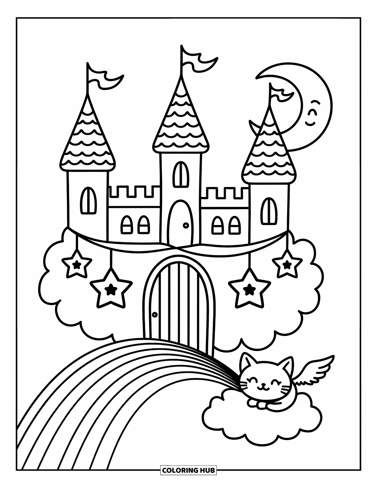 Kasteel Kleurplaat voor Volwassenen: Een gezellige kat krult zich op bij een kasteel op een wolk, verlicht door sterren en een lachende maan