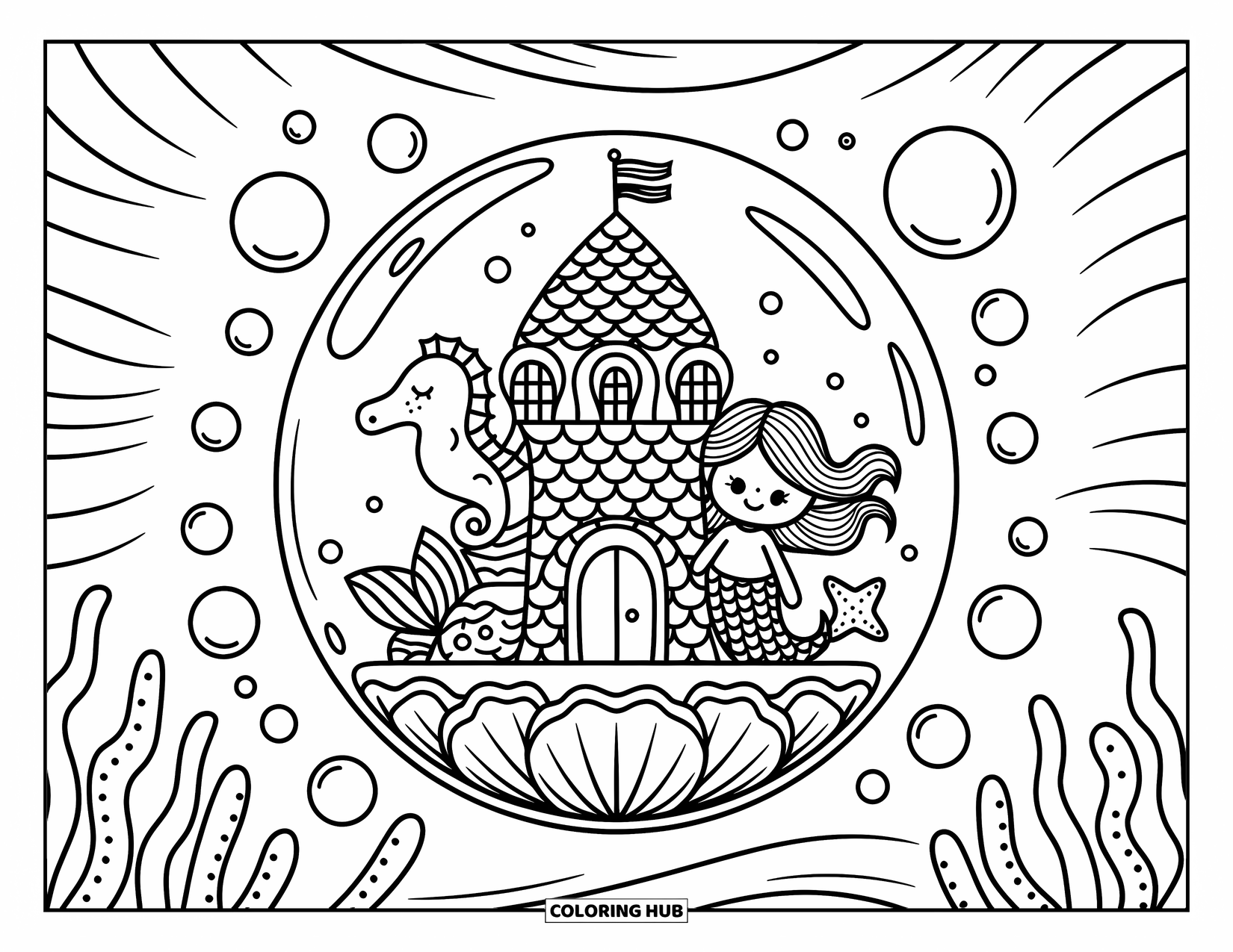 Kasteel Kleurplaat voor Volwassenen: Een dromerig schelpenkasteel zweeft in een gigantische bubbel met een zeemeermin, een zeepaardje en een zeester