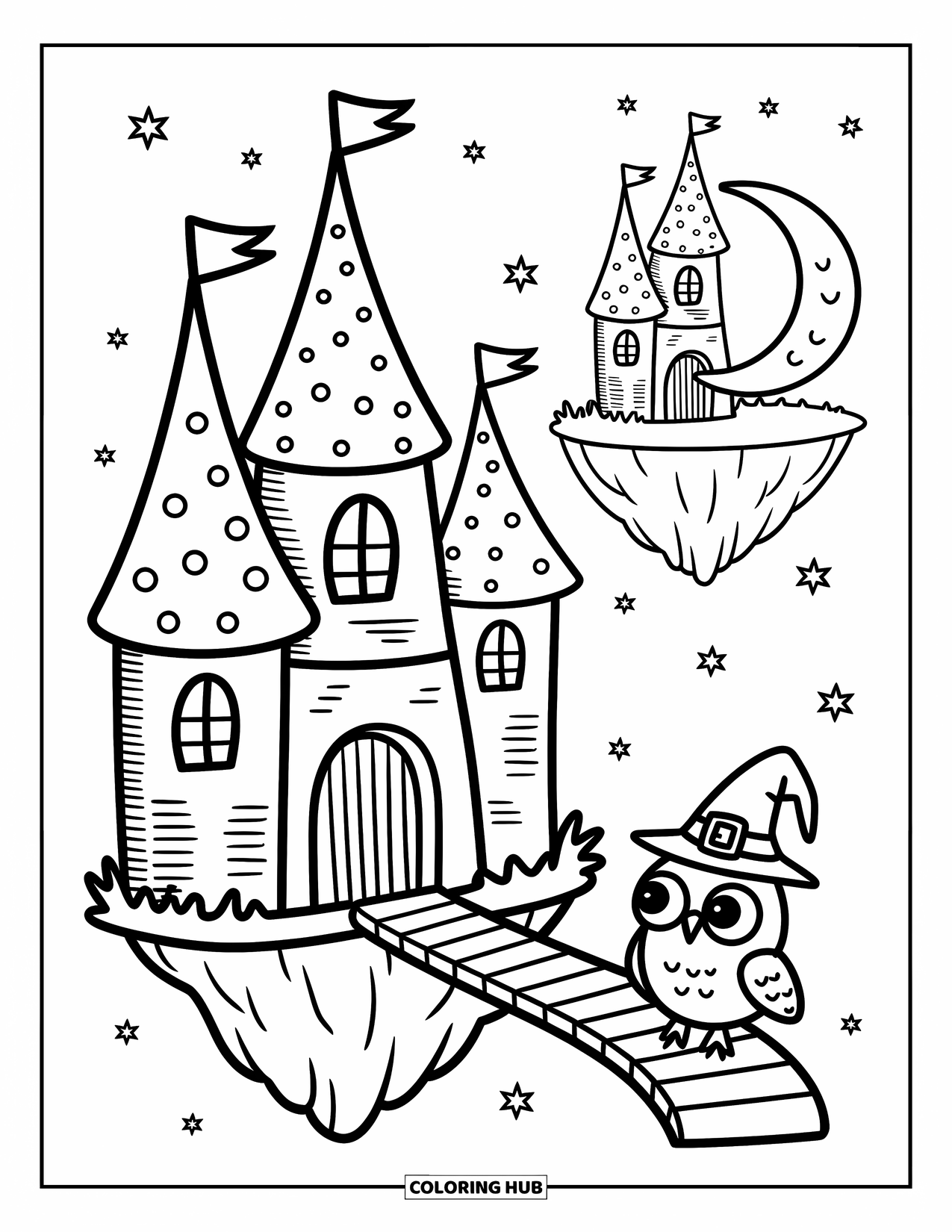 Kasteel Kleurplaat voor Volwassenen: Een dromerig luchtkasteel zweeft boven de sterren, bekeken door een kleine uilentovenaar