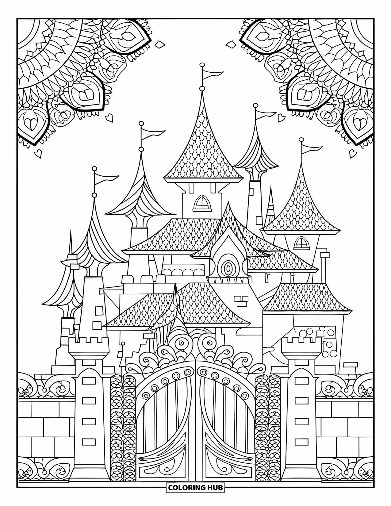 Kasteel Kleurplaat voor Volwassenen: Een fantasiekasteel schittert met spiraalvormige torens, betoverde poorten en magische details