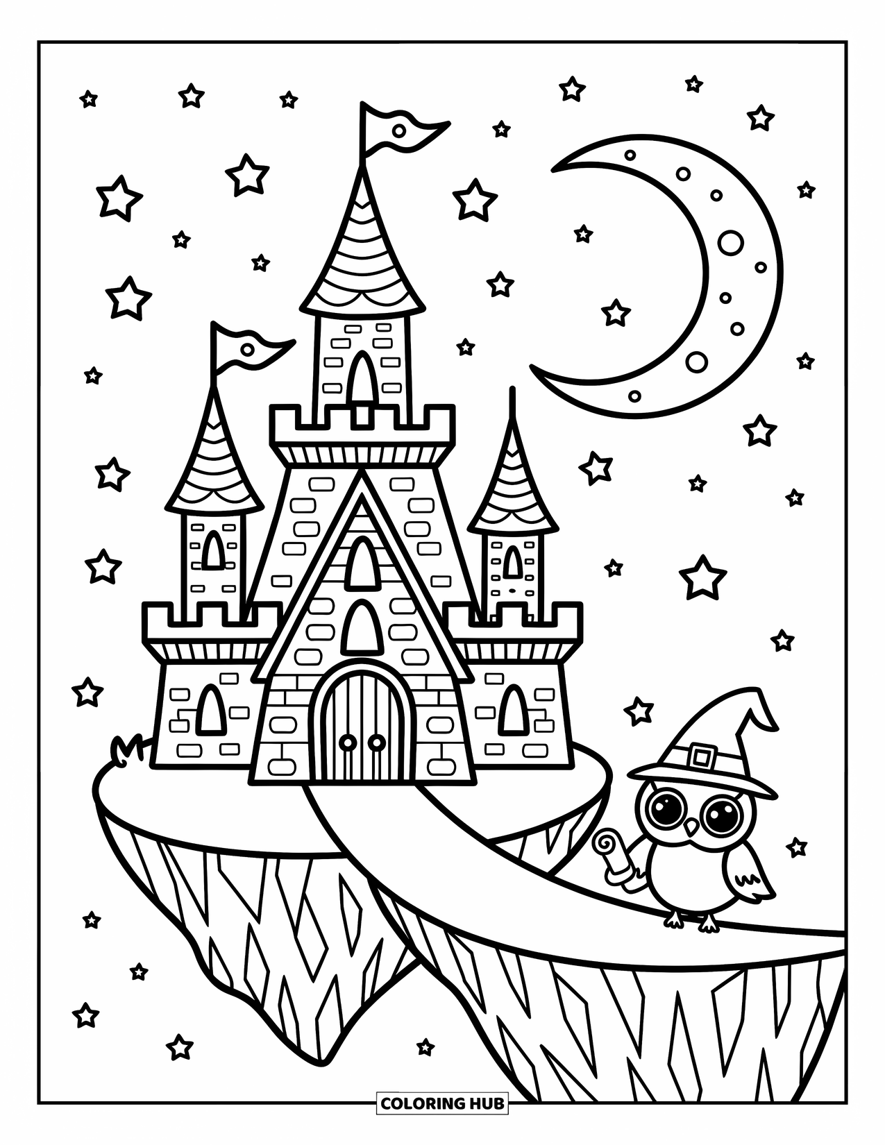 Kasteel Kleurplaat voor Volwassenen: Een zwevend kasteel is verbonden met een maanbrug terwijl een tovenaarsuil een perkament vasthoudt